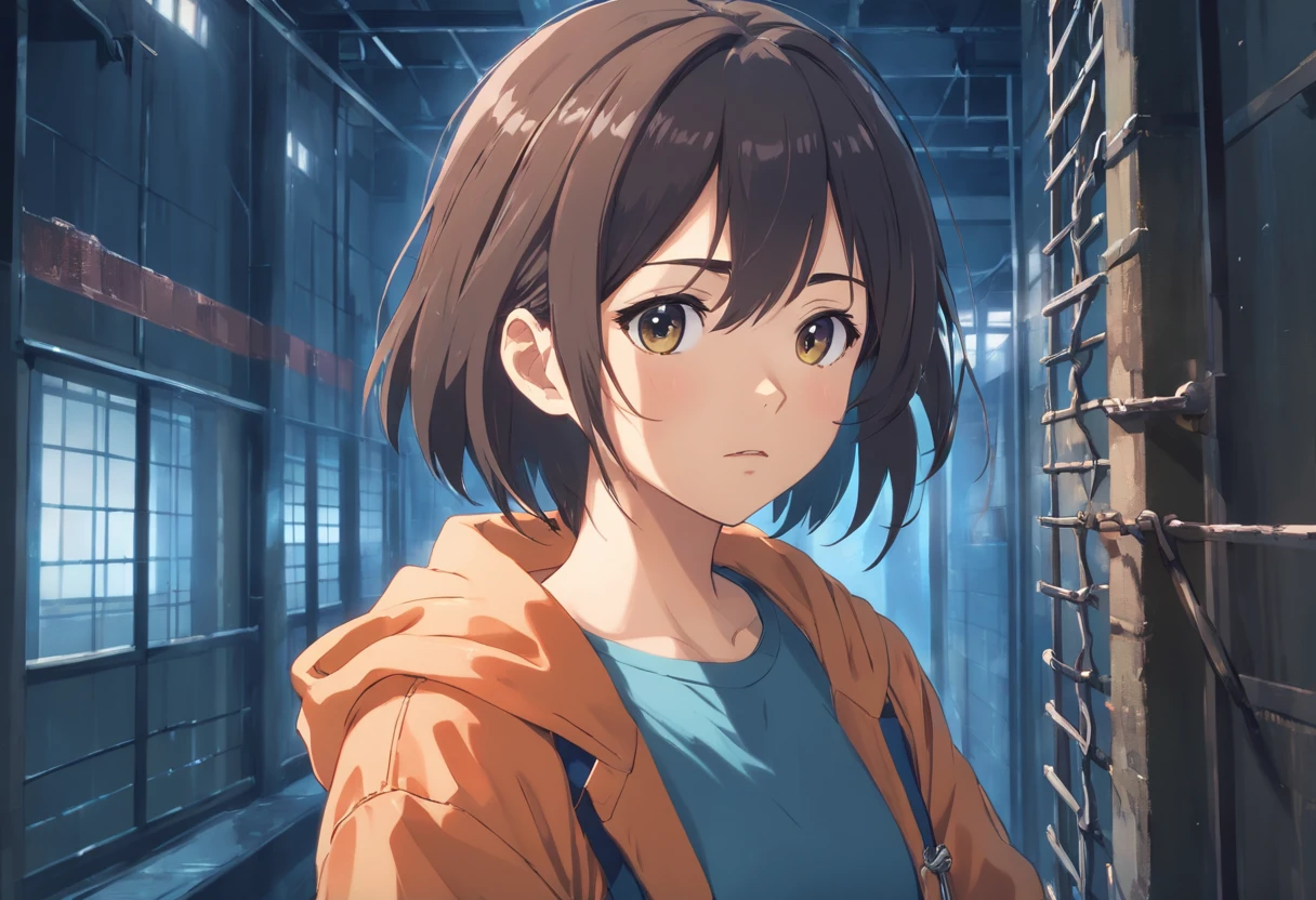 (best quality,ultra-detailed,realistic:1.37),1girl,prisoner,prison,wearing prisoner uniform,determined expression,fierce eyes,strong-willed,iron bars,grim atmosphere,dark lighting,desperate escape plan,confined space,emotionally charged, heavy chains,harsh reality,edgy,gritty,unyielding,oppressive environment,haunted past,unresolved conflict,persistent struggle,desperate hope,loneliness,void,identity crisis,impending danger,perpetual confinement,rigid rules, ominous shadows,sharp contrasts, defiant spirit,unbreakable resolve, secret passageway