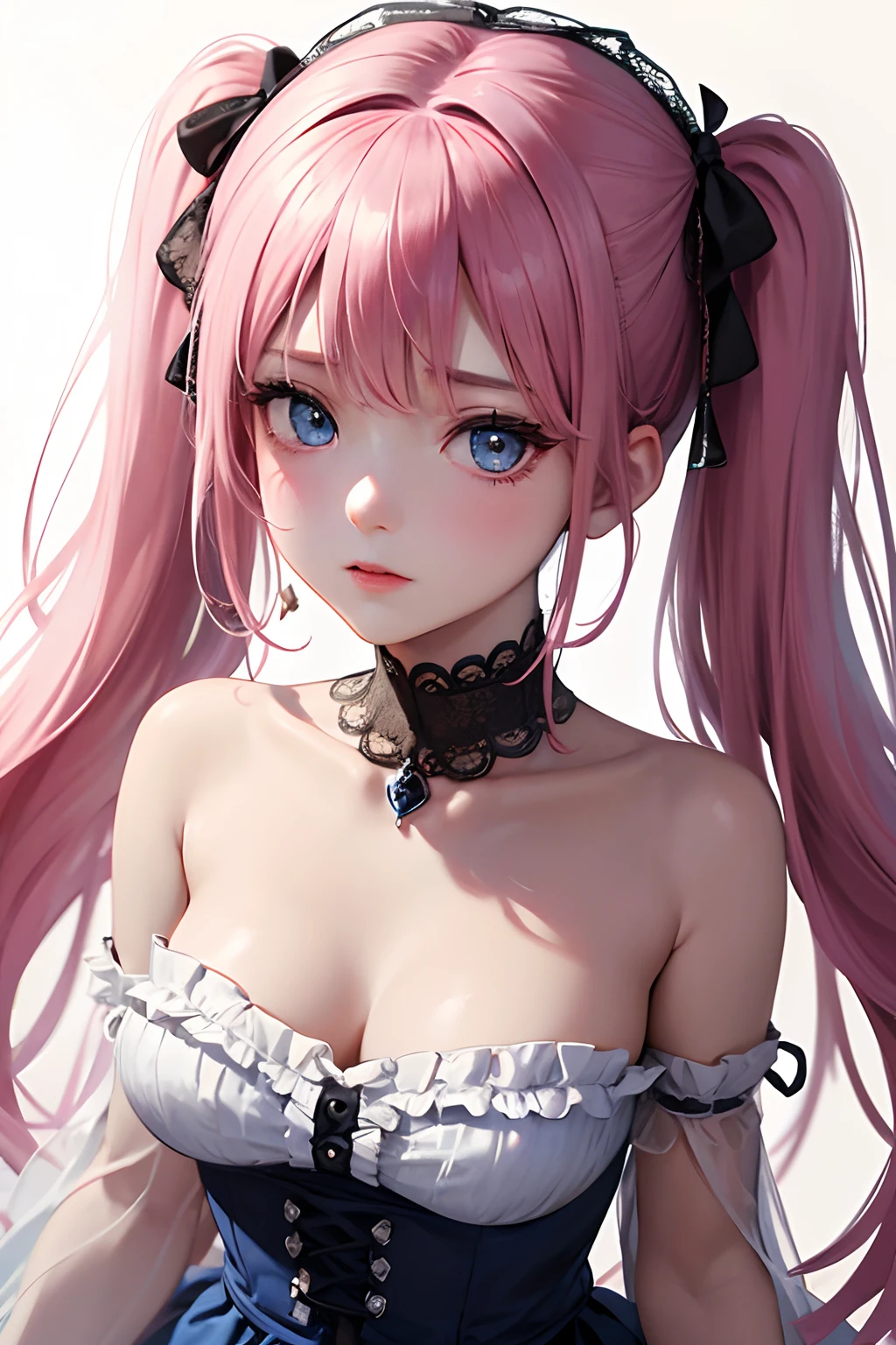 1girl in、looking at the viewers、
The upper part of the body、Beautiful blue eyes、Twin tails pink hair color、Moles under the eyes、Plump and glossy lips、Heart-shaped choker、。.。.。.。.。.。.。.。.。.3D、realisitic、
large full breasts、excessively frilled princess dress、draped clothes、jewely、ornament detached、florals、Lace trim、
​masterpiece、top-quality、8K、detailed skin textures、Detailed Cloth Texture、beautifull detailed face、intricate-detail、ultra-detailliert、
Rim lighting、Side lighting、ciinematic light、超A high resolution、8K UHD、film grains、Best Shadow、delicated、gazing at viewer、front facing