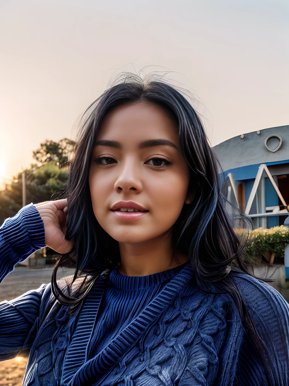 NSFW, Best Quality 1girl, black  hair, medium length, Happy, (tetas grandes, in a blue sweater, Without text and letters:1.3), Soft sunlight, subject,(morning:1.2), Medium halos, exteriors, Cute