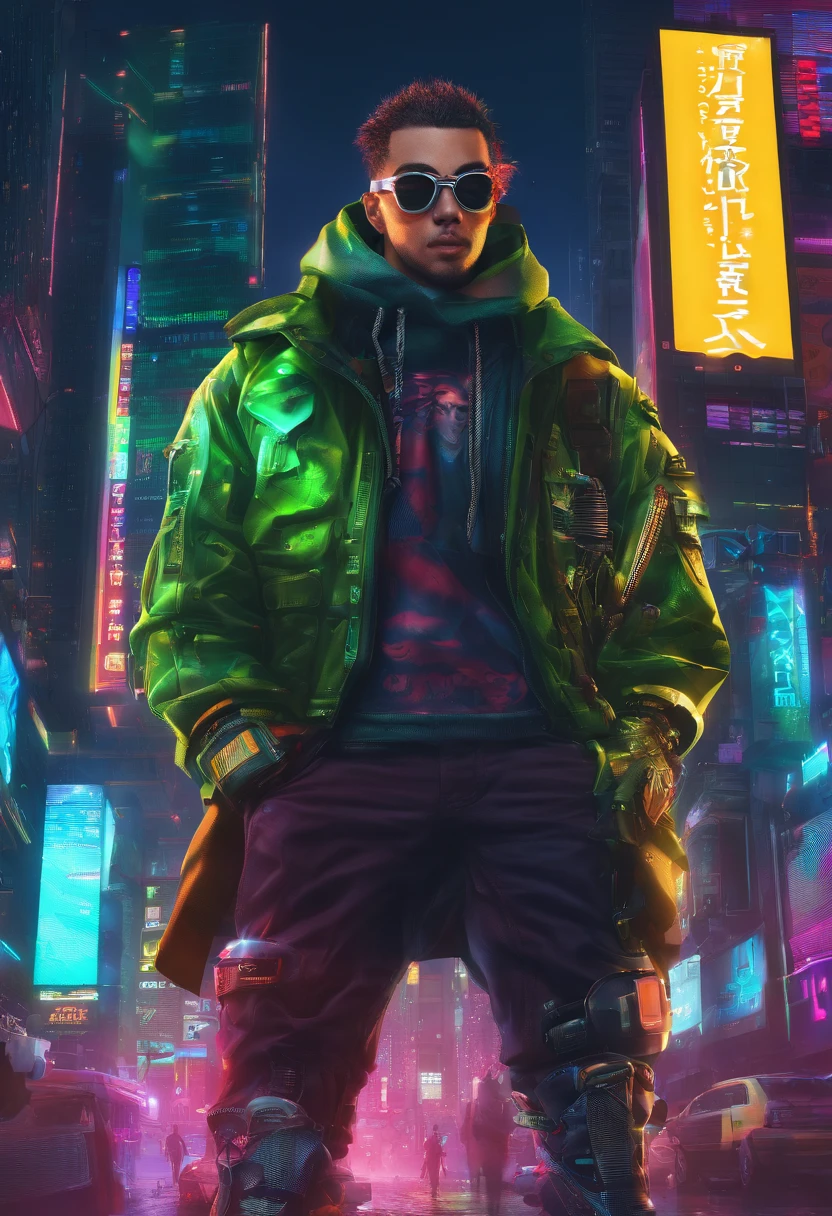 male people、30-years old、Black-rimmed glasses、mash hair、Skinny、hacker、Green attire、I have a mouse、Buddy is a rat、cyberpunked、personal computers、jaket、Oversized sneakers