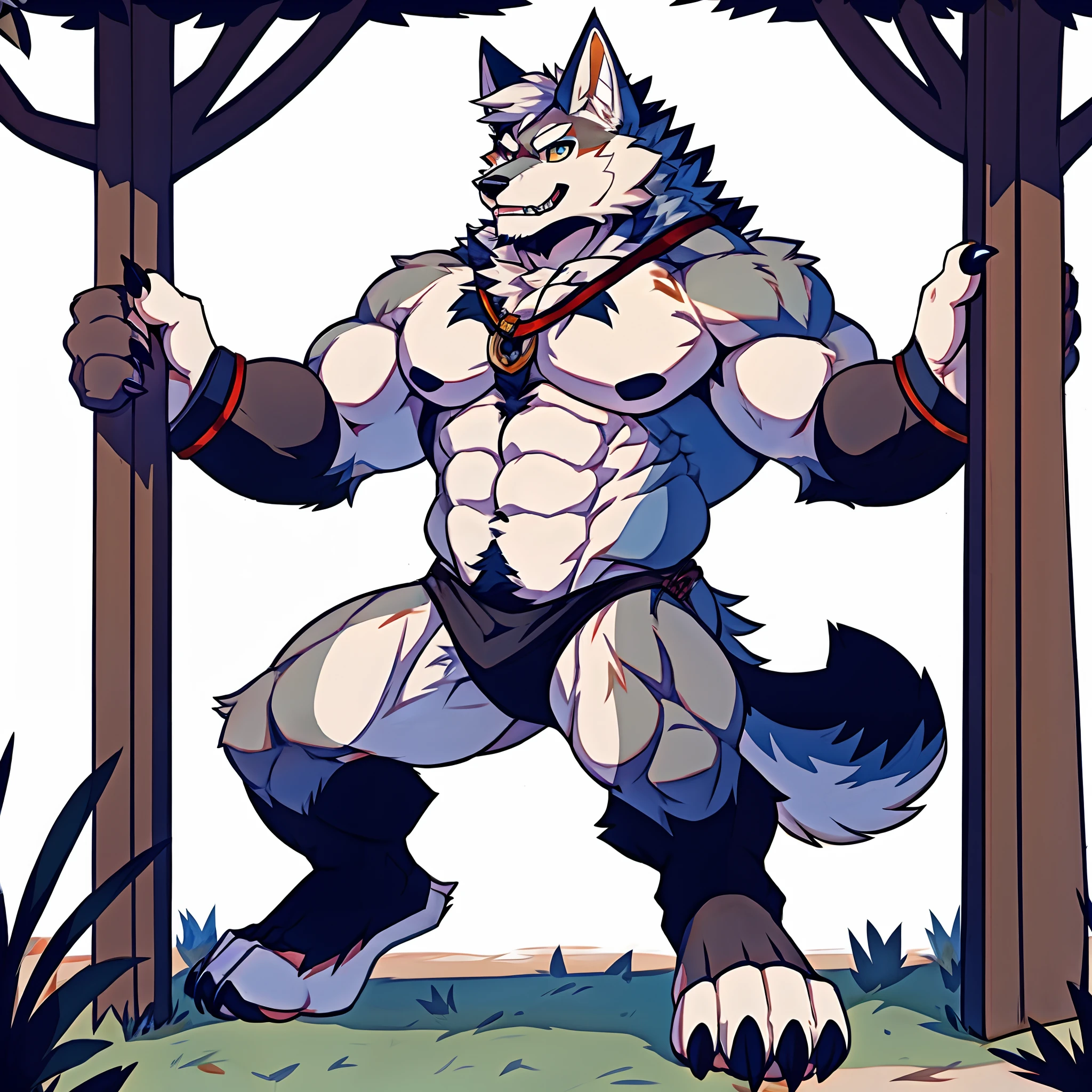 Human-wolf,musculous,Hairy all over,clawed paws,erect through