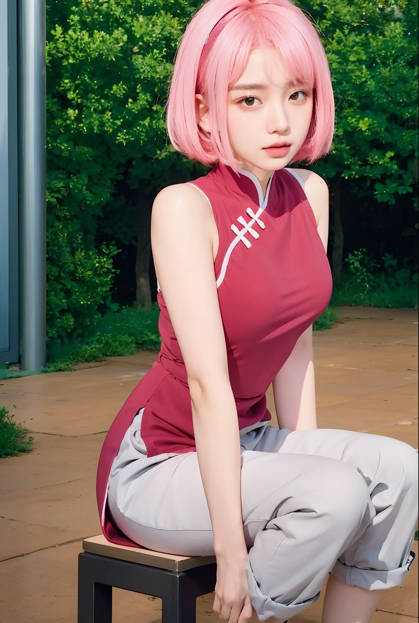 top quality, masterpiece, (original photo, professional photography, photorealistic, realistic:1.3), extremely detailed CG 16K unity wallpaper, (best aesthetic, natural light:1.1), ultra high res, (correct anatomy:1.5), ((highly detailed skin texture:1.1)), ((from front view:1.ov, 1 girl, haruno sakura, pink hair, (red dress),solo, looking at viewer, cowboy shot, (24 years old:1.1), (looks younger than real age:1.3), fairly detailed skin, dark eyes, ((narrow eyes:1.4)), finely detailed nose, beautiful lips, (embarrassed:1.3), ((petit, slender:1.4)), ((beautiful breast:1.2)), (((arms behind back, restrained, shibari, rope bondage:1.5))), (((sitting on the floor:1.4))), (((indoor, midnight, dark room, empty room:1.2)))