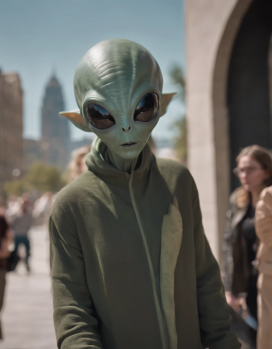 Street photography capturing an unexpected encounter with an alien visitor in a bustling urban setting. The alien, disguised as a human, walks along a busy sidewalk, its alien features subtly hinted at through unique clothing and accessories. The photograph is taken frankly, showing the reactions of passers-by when they glimpse the extraterrestrial being. The lighting style is natural, with sunlight filtering through urban canyons, creating interesting patterns and shadows. The composition captures the surreal collision of alien and human worlds, highlighting the inherent curiosity and diversity of our shared existence