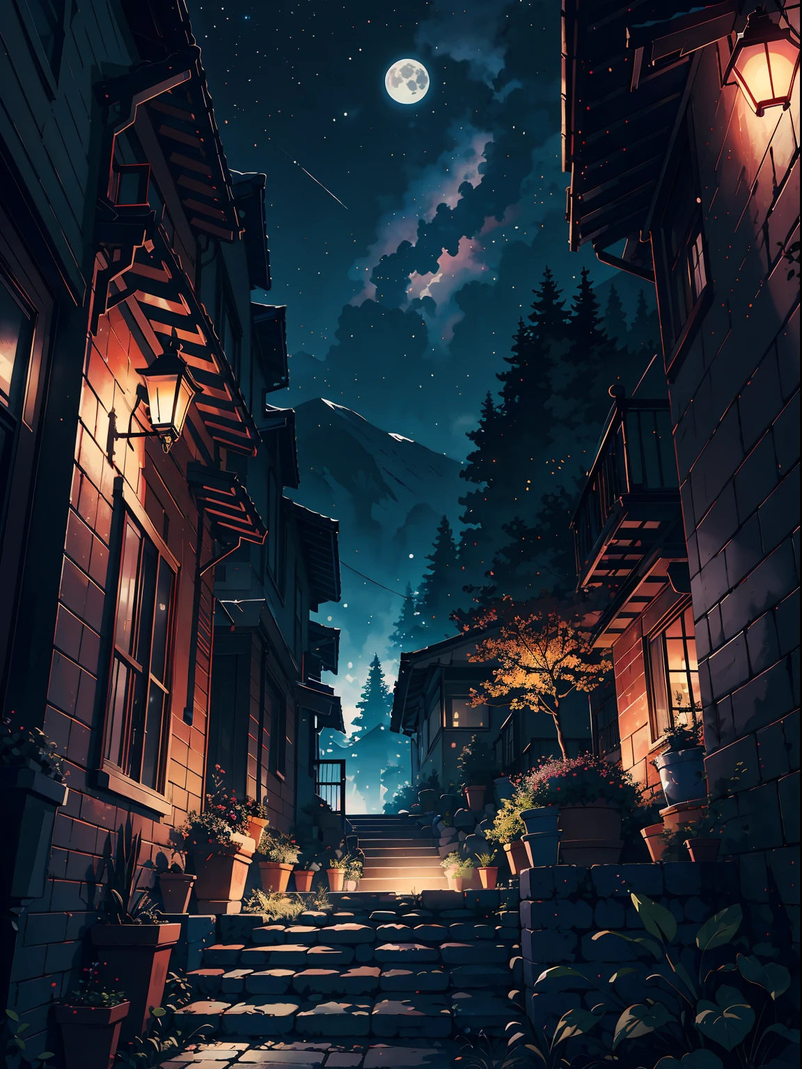 Expansive landscape photography、（View from below with a view of the sky and the wilderness below）、（full moon：1.2）、（meteors：0.9）、（Starcloud：1.3）、mountain in the distance、Tree BREAK Production Art、(Warm light source:1.2)、(glowworm:1.2)、lamp lights、Purple and orange、intricately details、Volume Lighting BREAK (A masterpiece:1.2)、(HighestQuali)、4K、ultra - detailed、（The composition of the movement：1.4）、Highly detailed and colorful details（glitters：1.2）、（Shining lighting、Atmospheric illumination）、Dreamy、magical、（Solo：1.2）、　Watercolor painting、　Transparent watercolor。