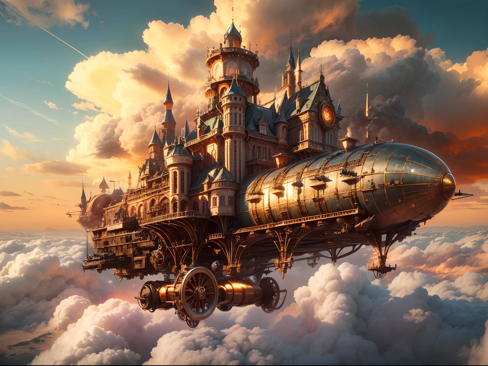 (best quality,4k,8k,highres,masterpiece:1.2),ultra-detailed,(realistic,photorealistic,photo-realistic:1.37),steampunk aircraft carrying a giant castle on the back of it,roaming above the fluffy cloud,emitting steam, during sunset,vivid colors,sharp focus,ultra-fine painting,physically-based rendering,professional,fluffy white clouds,sunset ambiance,hauntingly beautiful,gorgeous landscape,steampunk elements,impressive surreal scene,warm evening glow,majestic castle,airship made of iron and brass,exquisite castle details,elaborate gears and cogs,unforgettable sight,innovative technology,magical,industrial aesthetics,elegant design,grand and imposing perspective