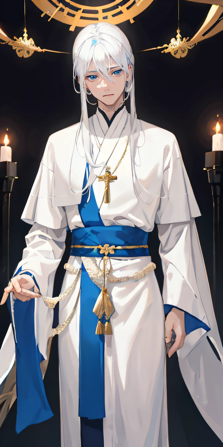 young man with white hair blue eyes indoors look of calm looking at camera wearing religious robes ornaments