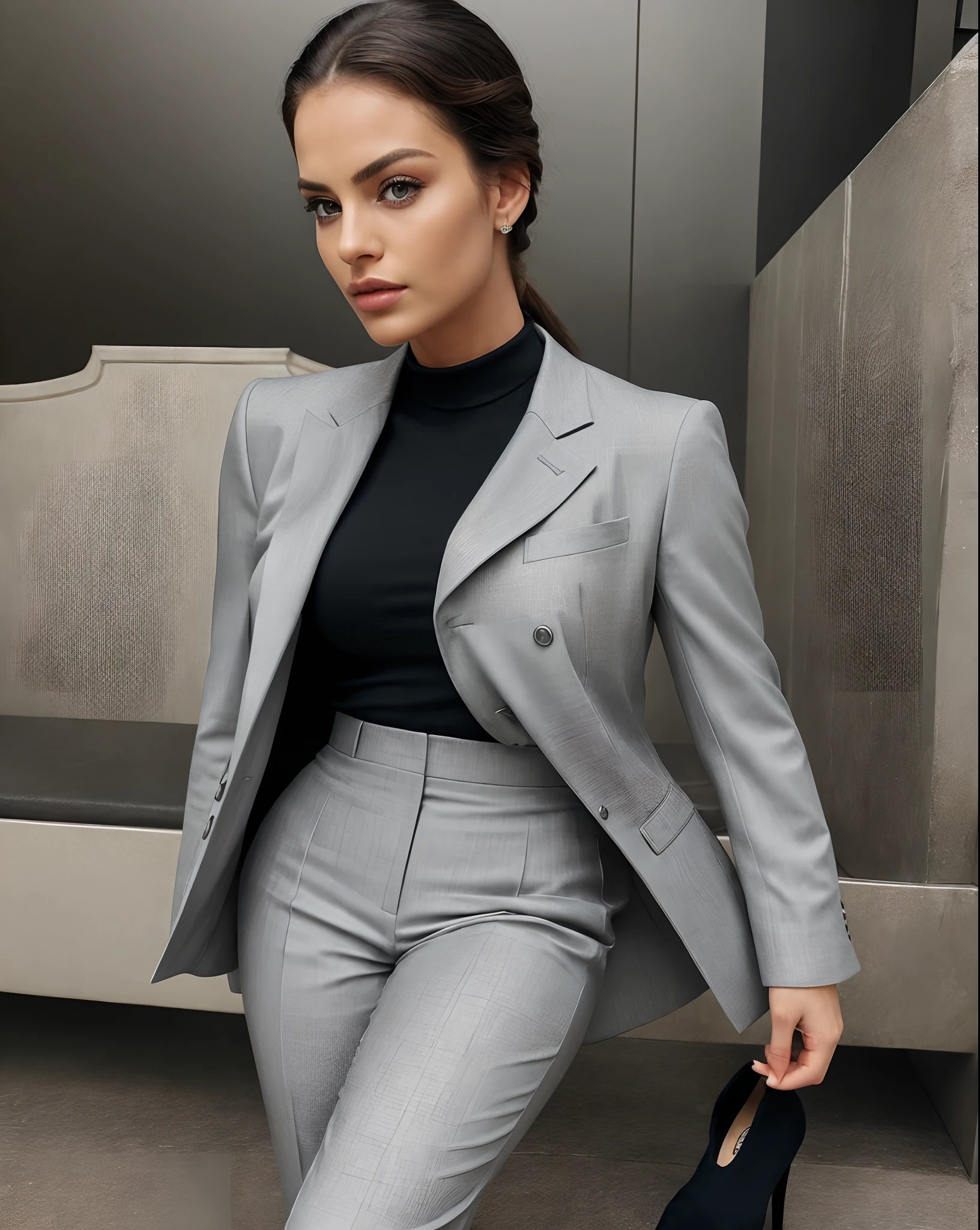 cocky badass arrogant female chav with an offensive attitude of superiority, exuding a formal elegance and clean class. The woman is wearing a posh suit, representing a full formal and elegant image. She embodies confidence and sophistication. Her posture and expression indicate her high social status and professionalism. The details of her outfit, from the perfectly tailored suit to the polished shoes, showcase her refined taste and attention to detail with ultra-detailed rendering that captures every intricate element of the scene. This masterpiece should evoke a sense of admiration and inspiration, showcasing the epitome of poise and elegance.