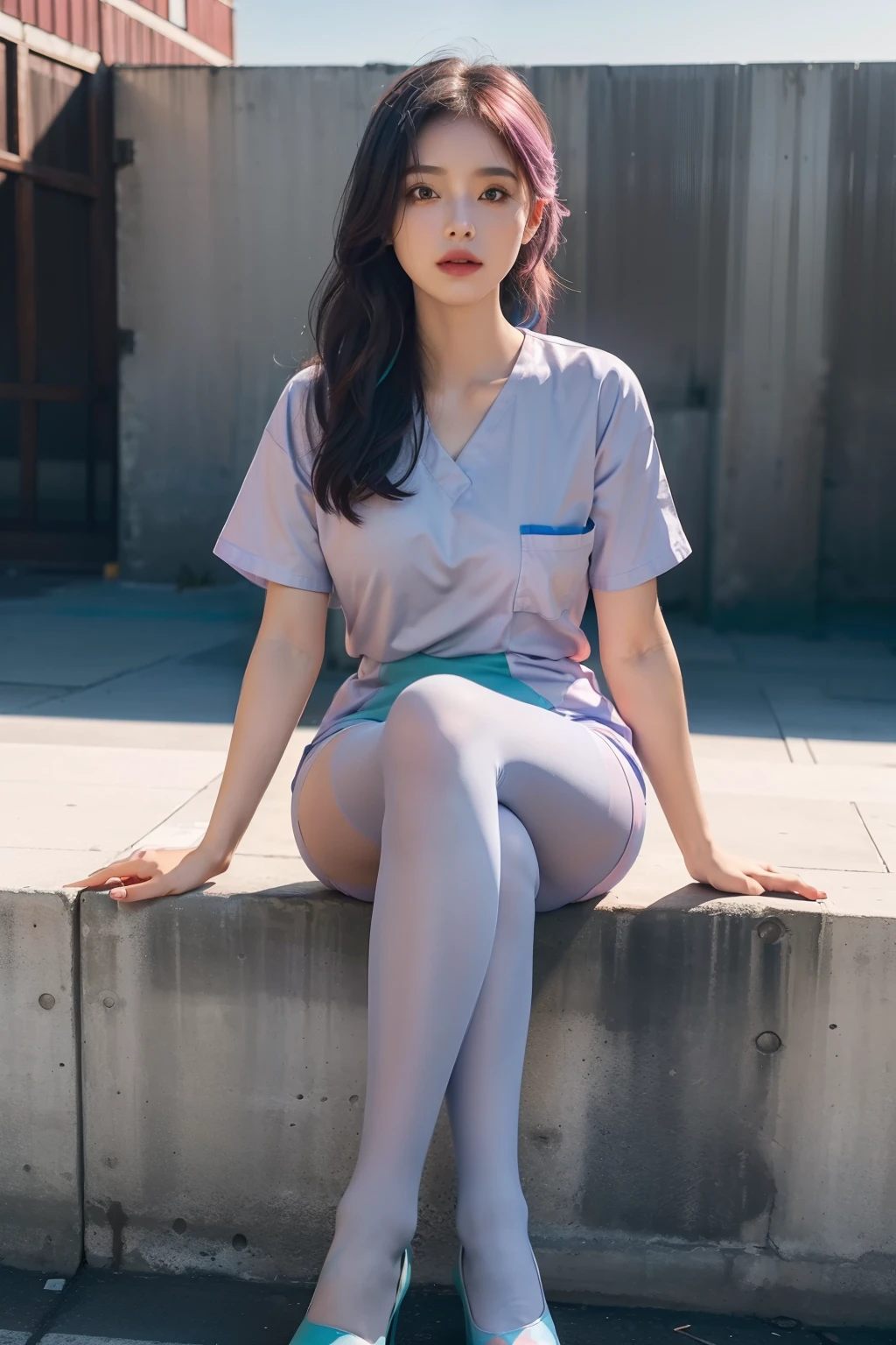 (full bodyesbian:1.5)，(1girll:1.3),(view the viewer:1.4)，(anatomy correct:1.4),(Sit on top of the hill:1.2),(Wear a nurse suit:1.2),(Opaque pantyhose:1.3),( Girls pointed-toe thick heels :1.1),(Accurate and perfect face:1.3),(Long legs:1.3),hyper HD, Ray traching, reflective light， structurally correct, Award-Awarded, High detail, Fade shadow contrast, Face lighting ，Cinematic lighting, Masterpiece, super detailing, High quality, High detail, Best quality, 16k，High contrast,