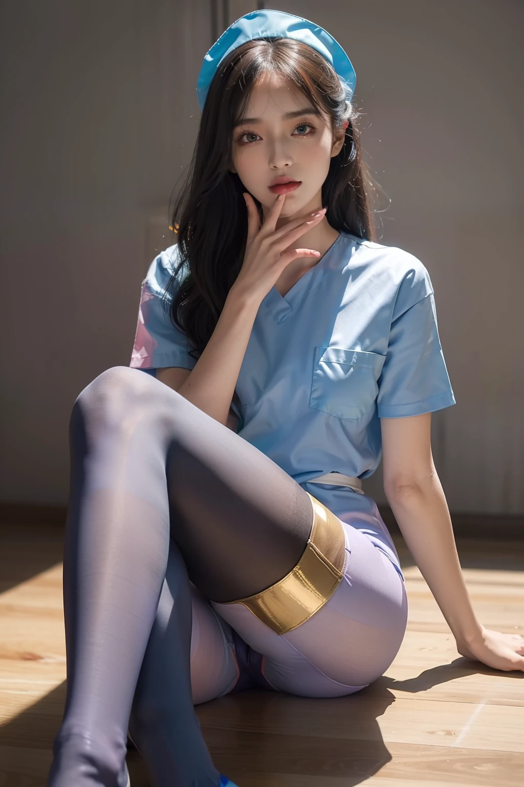 (full bodyesbian:1.5)，(1girll:1.3),(view the viewer:1.4)，(anatomy correct:1.4),(Sit on top of the hill:1.2),(Wear a nurse suit:1.2),(Opaque pantyhose:1.3),( Girls pointed-toe thick heels :1.1)，((purpleish color | blue colors | In pink | greys |white colors  |black in color | Orange colors | green color | cyan colors | golden colored | khaki | Salmon color):1.2),(Accurate and perfect face:1.3),(Long legs:1.3),hyper HD, Ray traching, reflective light， structurally correct, Award-Awarded, High detail, Fade shadow contrast, Face lighting ，Cinematic lighting, Masterpiece, super detailing, High quality, High detail, Best quality, 16k，High contrast,