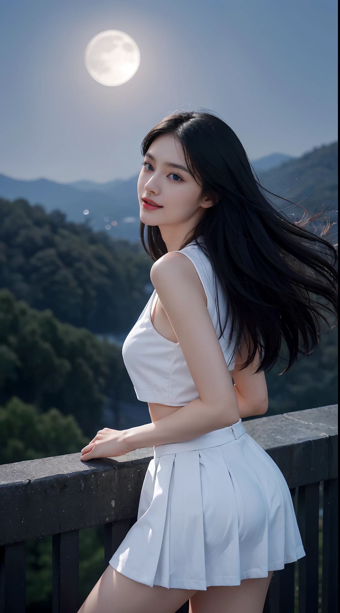 8K, of the highest quality, Intricate details, Ultra detail, 超高分辨率, masutepiece, Cape Landan, Slender, Smile, (Makeup: 0.4), (Fluffy blue eyes: 1.21), Blue eyes, Looking back, ((full bodyesbian)), 1girl in, Solo, 1 girl, (( full bodyesbian)), Close-up Shot Shot, , ((Tall)), (((fit body))), (((Slim face))), sharpy face, Sharp eyes, (((Black hair, Long hair, )) (Detailed face), sharpy face, Small lips,
((school uniform)), Detailed face, Detailed chest, , Large full breasts, detailed ass, round ass , Beautiful girl with accentuated slender abs: 1.4, sixpack abs: 1.4, Bust Botox, , Perfect body, Detail legs, (( Moonlight)), Top of the mountains