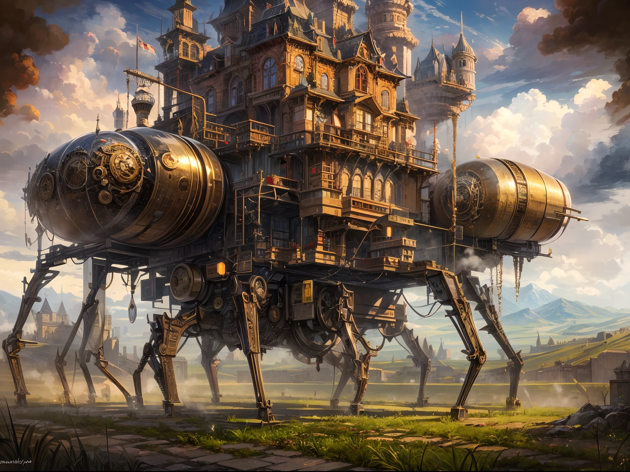 (best quality,ultra-detailed:1.2),HDR,ultra wide angle image of a moving castle, far view, a spider-like steam punk machine carrying a massive castle on the back, walking on a vast grassland, steam rise, sci-fi,concept art,castle,moving,massive,far view,spider-like,steam punk machine,grassland,long metal legs,steam rise,unique design,vivid colors,blurred background,giant,majestic presence,mysterious atmosphere,impressive craftsmanship,advanced technology,intense lighting,dynamic composition,grand scale,awe-inspiring.