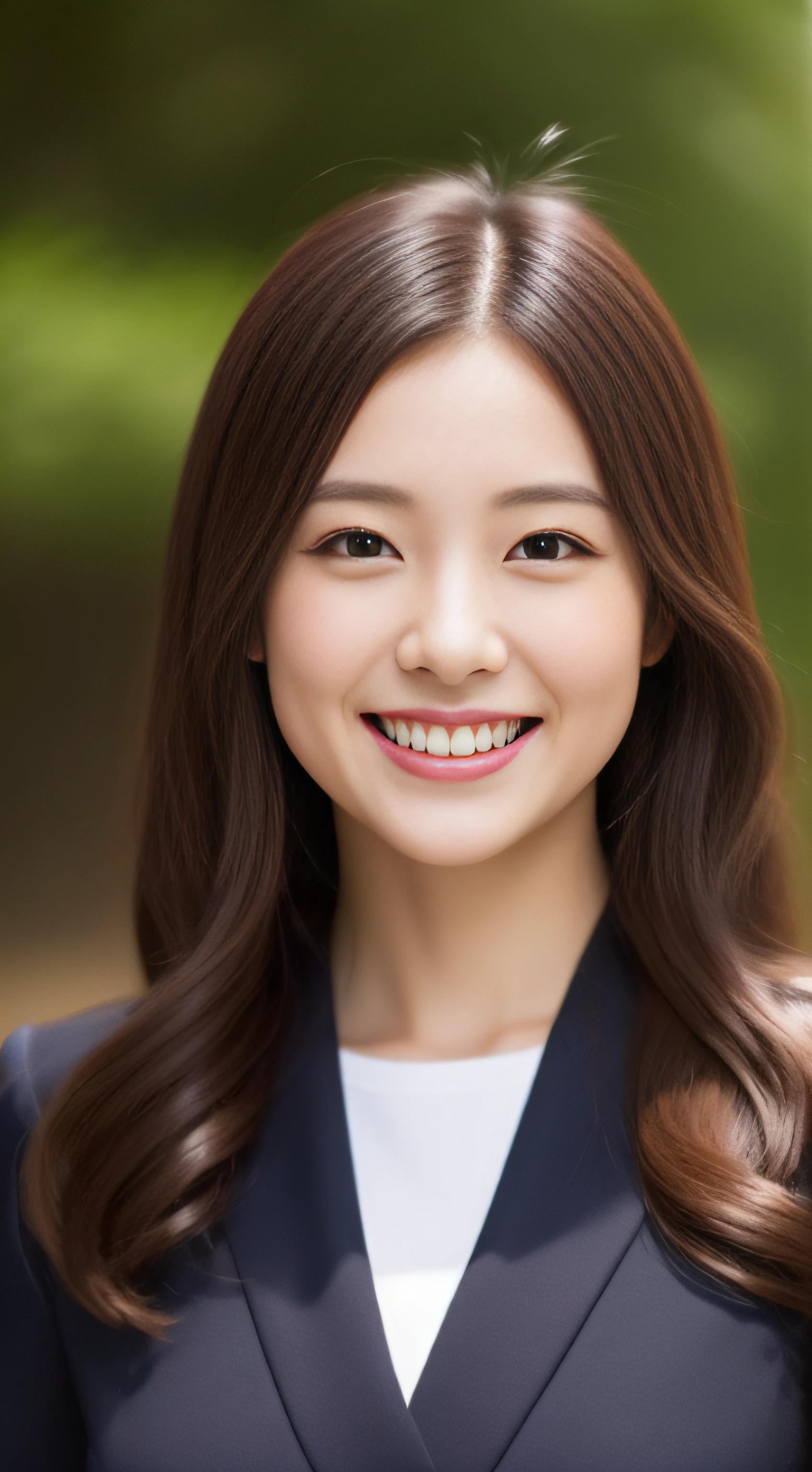The face is a hostess、Clothes are business suits、hiquality、A hyper-realistic、healthy、Smiling expression、Slender perfect figure、Japan beauties、beautidful eyes、face perfect、Beautiful skin、The background is a natural park