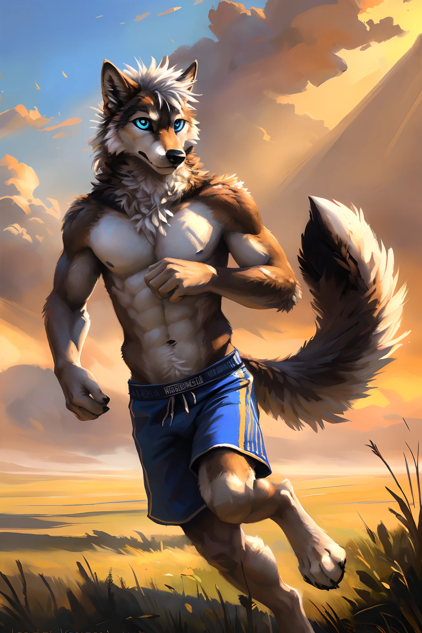 ((Solo)), male people, anthro wolf, (Multi-colored fur, White-brown:1.3), ((Wolf face, White hair, Big eyes, White eyelids, Blue pupil, Slim:1.2) (Tough, Calm expression:1.2)), Abs, Slim, pinging)), (Correct anatomy), (Work shorts:1.1), (Contour bone:1.2), The upper body is naked, (detailed outfits),A big tail，Feet，(Realistic fur, Detailed fur texture, labeled:1.3)), (Natural lighting), Photorealistic, Hyperrealistic, ultradetailed, by Kenket，Endless grasslands，No artifacts，erect through，Running on