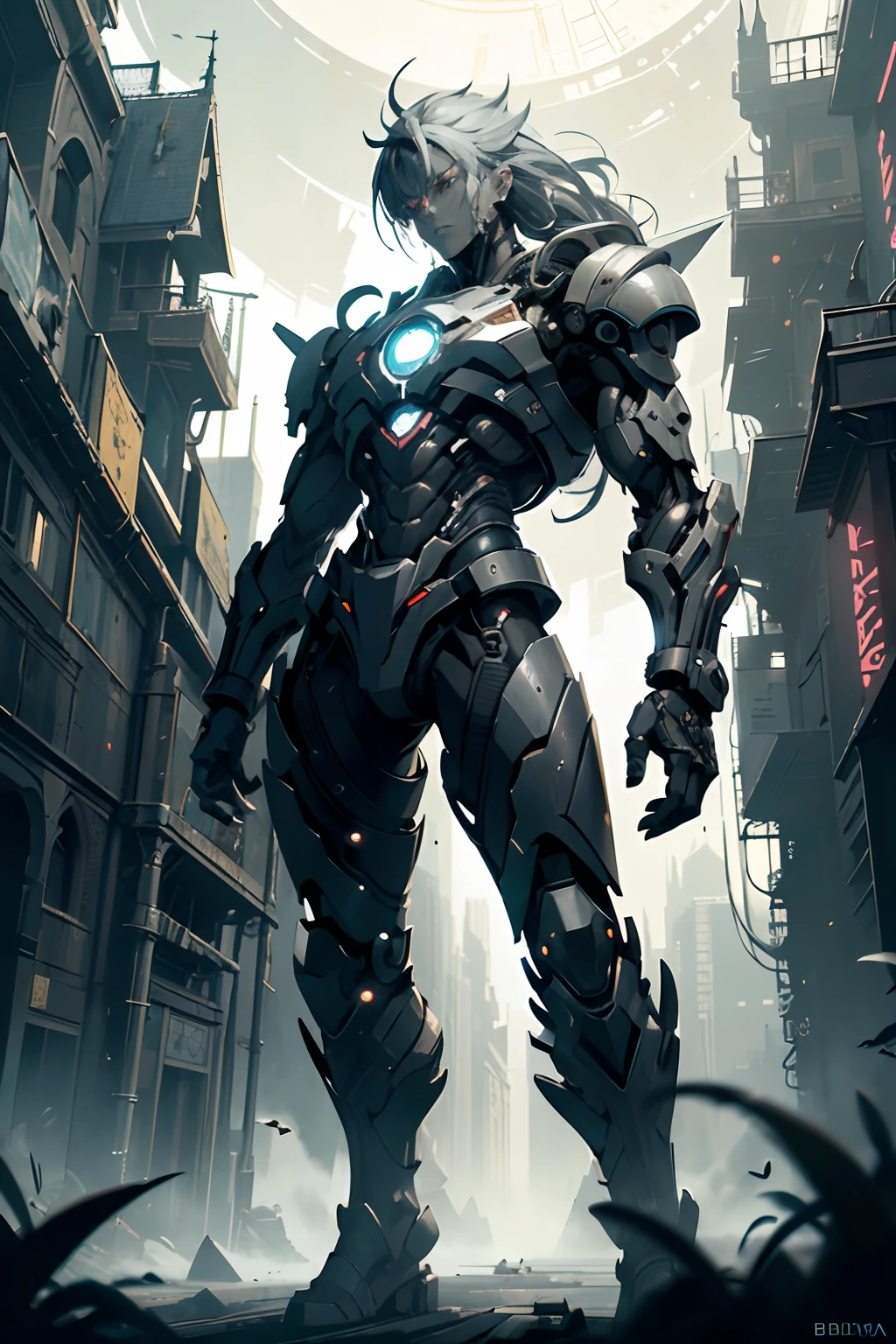 A young cyborg in technological armor and an energy sword hitting a group of xenos in the distance. Cara cyborg detallada, Strong physique, energetic pose, Dynamic action. Sci-fi adventure, colores vibrantes, Atmospheric Illumination. Renderizado realista, High-resolution masterpiece:1.2. Armadura y espada ultra detalladas. Paisaje futurista, intensa batalla, Powerful pulsating energy. Mechanical enhancement implants, ojos brillantes, Intricate circuit designs. Imposing mechanical structure, criaturas de otro mundo, Ethereal Energy Effects, visualmente impresionante. Epic confrontation, dystopian environment, Exciting sci-fi concept art."
"Una joven cyborg se alza en medio de la batalla, Sheathed in stunning technological armor and brandishing an energy sword with dexterity and ferocity.. His detailed face reveals a mix of humanity and technology, with mechanically enhanced implants and bright eyes that radiate determination.
His physique is imposing and strong, reflecting his cyborg status and tireless training. In a pose full of energy and movement, se lanza hacia adelante, lista para enfrentarse a los xenos que acechan en la distancia. The dynamic action and intensity of the scene are palpable.
This sci-fi adventure takes place in a futuristic landscape, where technology and architecture merge into one impressive vision. Vibrant colors and atmospheric lighting create a captivating atmosphere, sumergiendo al espectador en un mundo visualmente sorprendente.
The rendering of this masterpiece is realistic and high resolution, capturing every detail of armor and sword with precision. Intricate circuit designs adorn the armor, aportando un toque futurista y elegante. The mechanical structure surrounding the cyborg is imposing, adding an imposing and technological aspect to the environment.
En medio de la intensa batalla, criaturas de otr