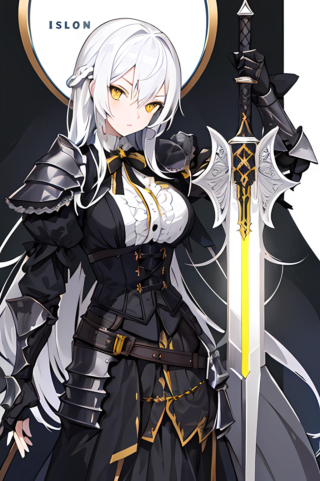 1girl, Victorian, Black knight armor* white hair, yellow eyes, huge long sword, castle