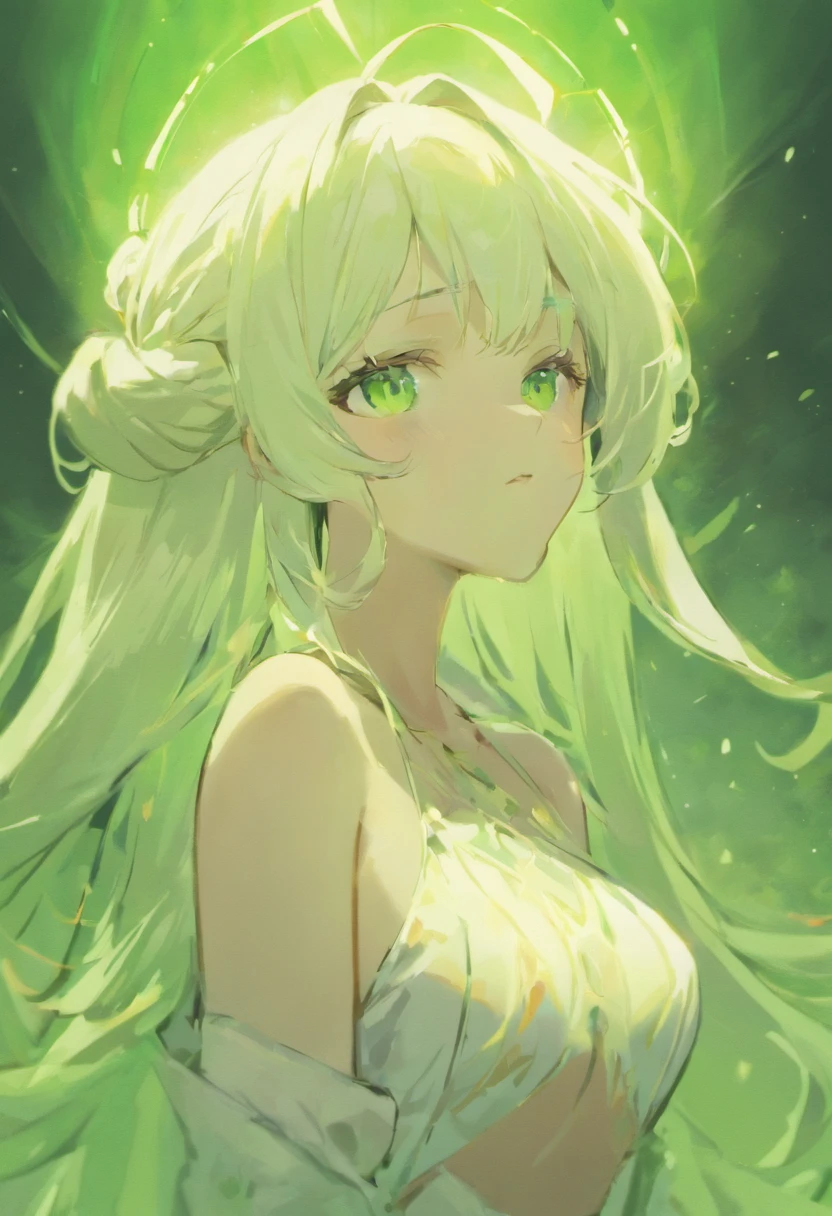 Godly, White hair, female, green eyes, curve, long hair, white bachground, holy, long ears, sharp eyes, underclothed, sluty, cum on face, ahegao, oppai