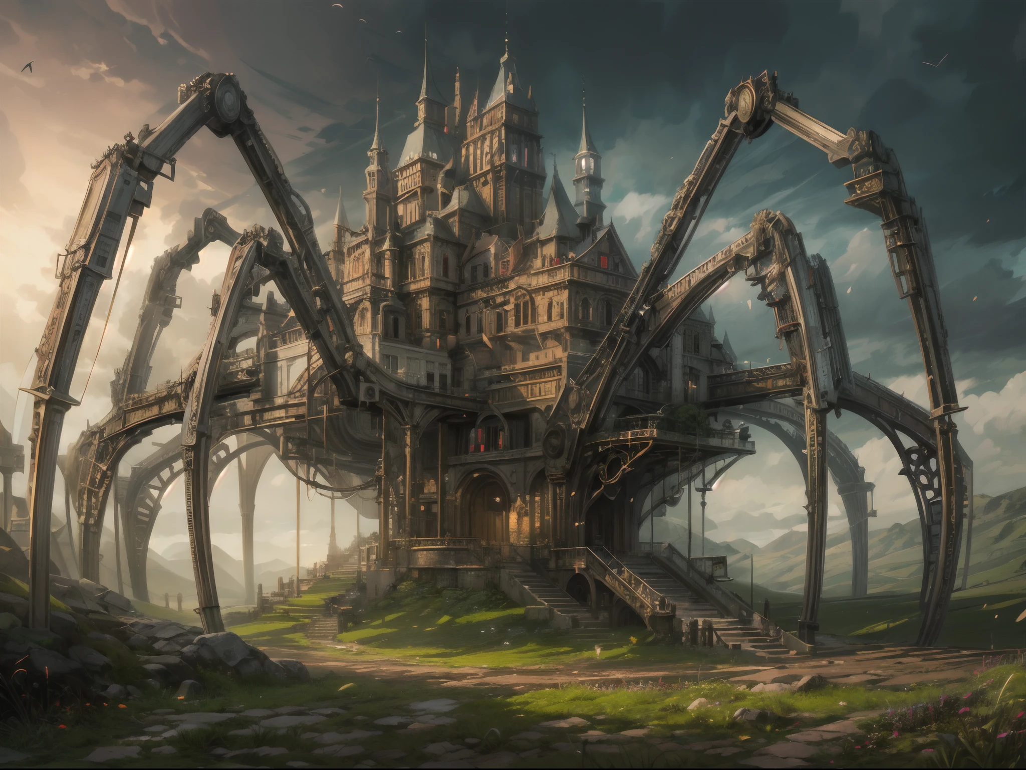 (best quality,ultra-detailed:1.2),HDR,sci-fi,concept art,castle,moving,massive,far view,spider-like,steam punk machine,grassland,long metal legs,steam rise,unique design,vivid colors,blurred background,giant,majestic presence,mysterious atmosphere,impressive craftsmanship,advanced technology,intense lighting,dynamic composition,grand scale,awe-inspiring.