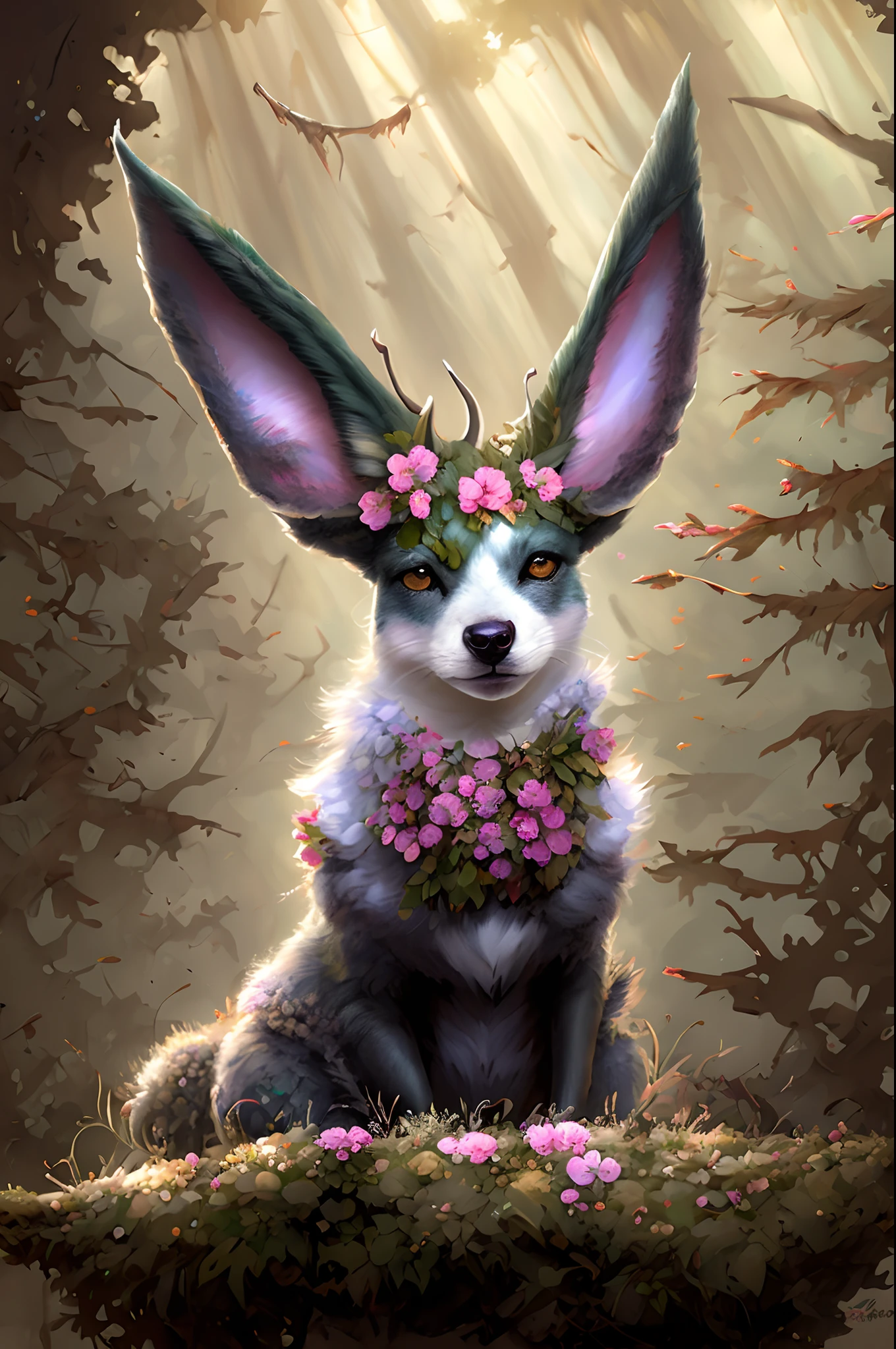solo, leafeon, portrait, (feral), paws, looking at viewer, anatomically correct, ((symmetrical)), forest, flower, detailed background, masterpiece, best quality, by hioshiru, snowskau, foxovh, by Enki Bilal, Michael & Inessa Garmash, Ruan Jia, Pino Daeni,