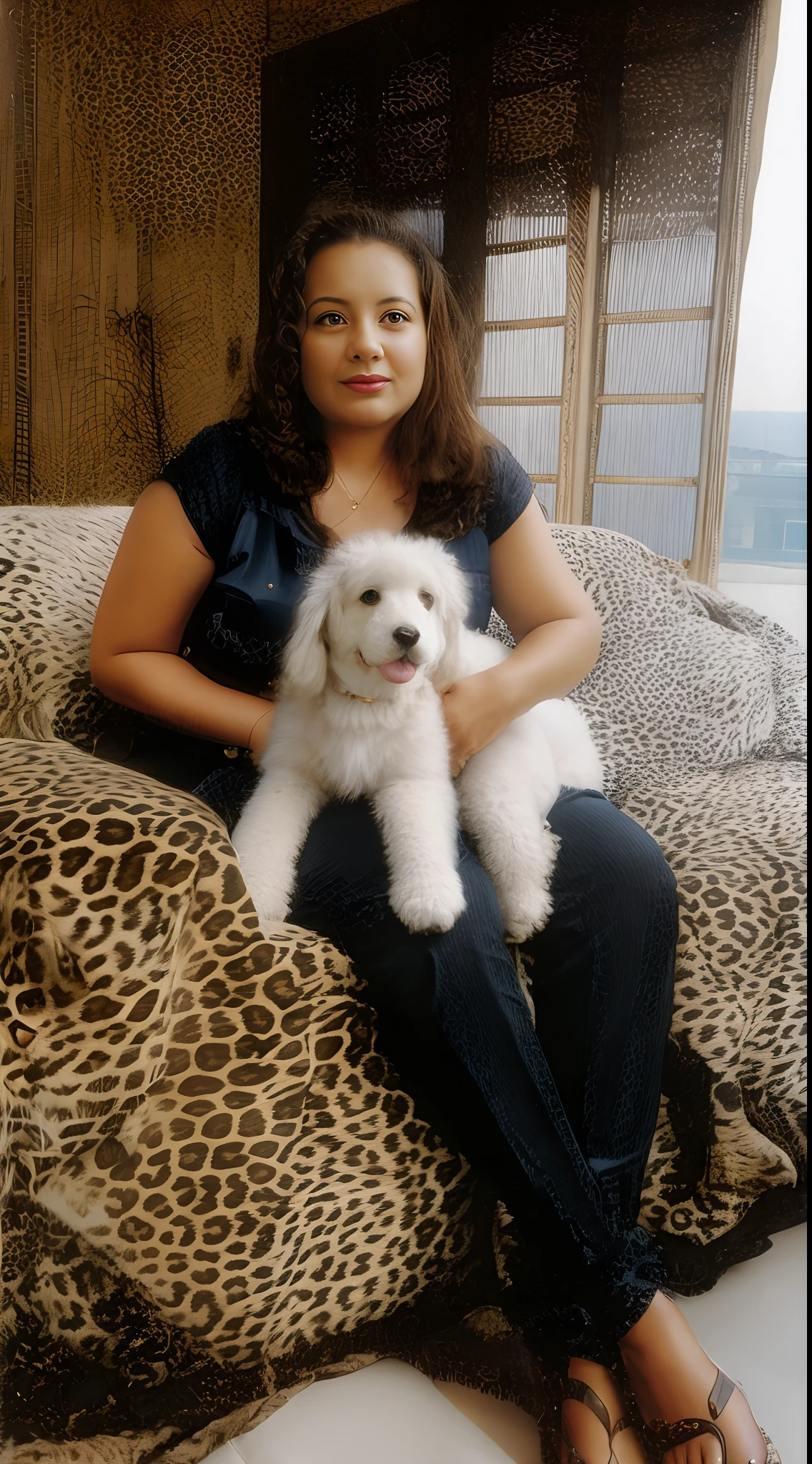 Woman sitting on a leopard print sofa holding a White poodle dog.