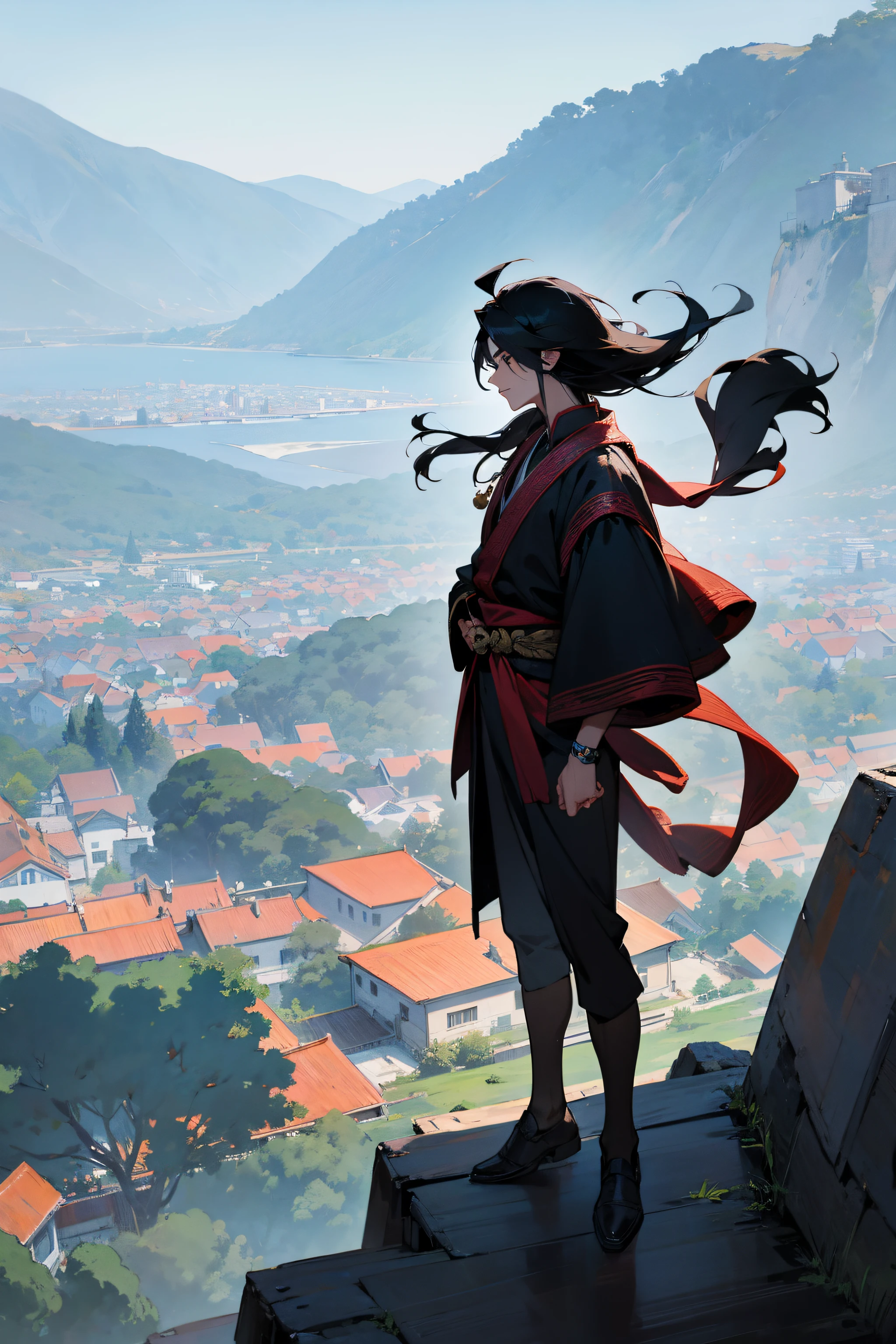 1male, monkey king, layered hair, black hair, evil, standing on a cliff, overlooking village, one hand to the sky