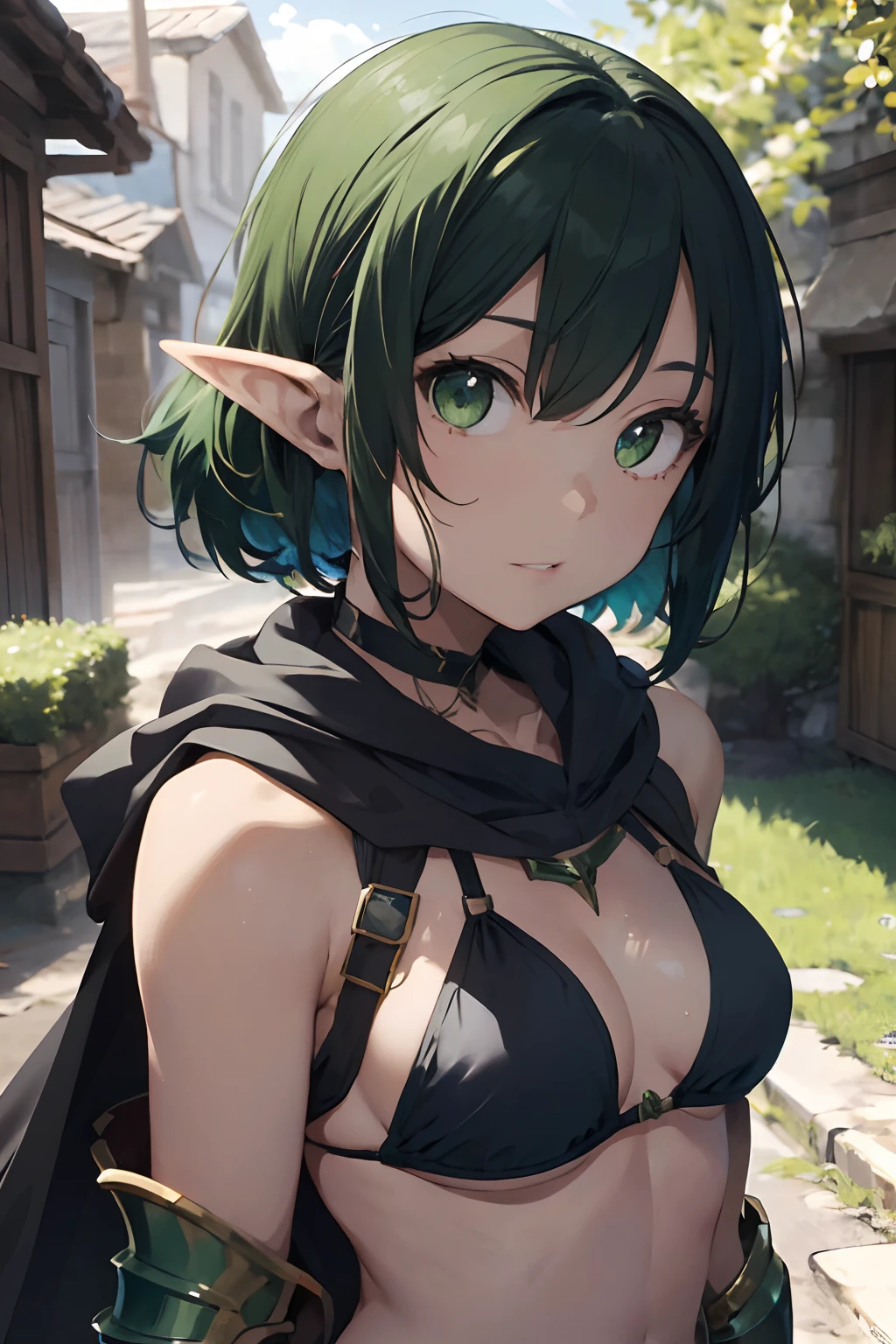 Beautiful fece, ​masterpiece, top-quality, hiqcgbody, animesque, 1girl in, The chest is small, The bikini, ((Black Bikini Armor)), portrait shot, Look at viewers, ((short green hair)),(Green eyes),wetted skin, intricate detailes,>,((coverd)　Elven woman in bikini armor　deadpan　Wearing a cloak