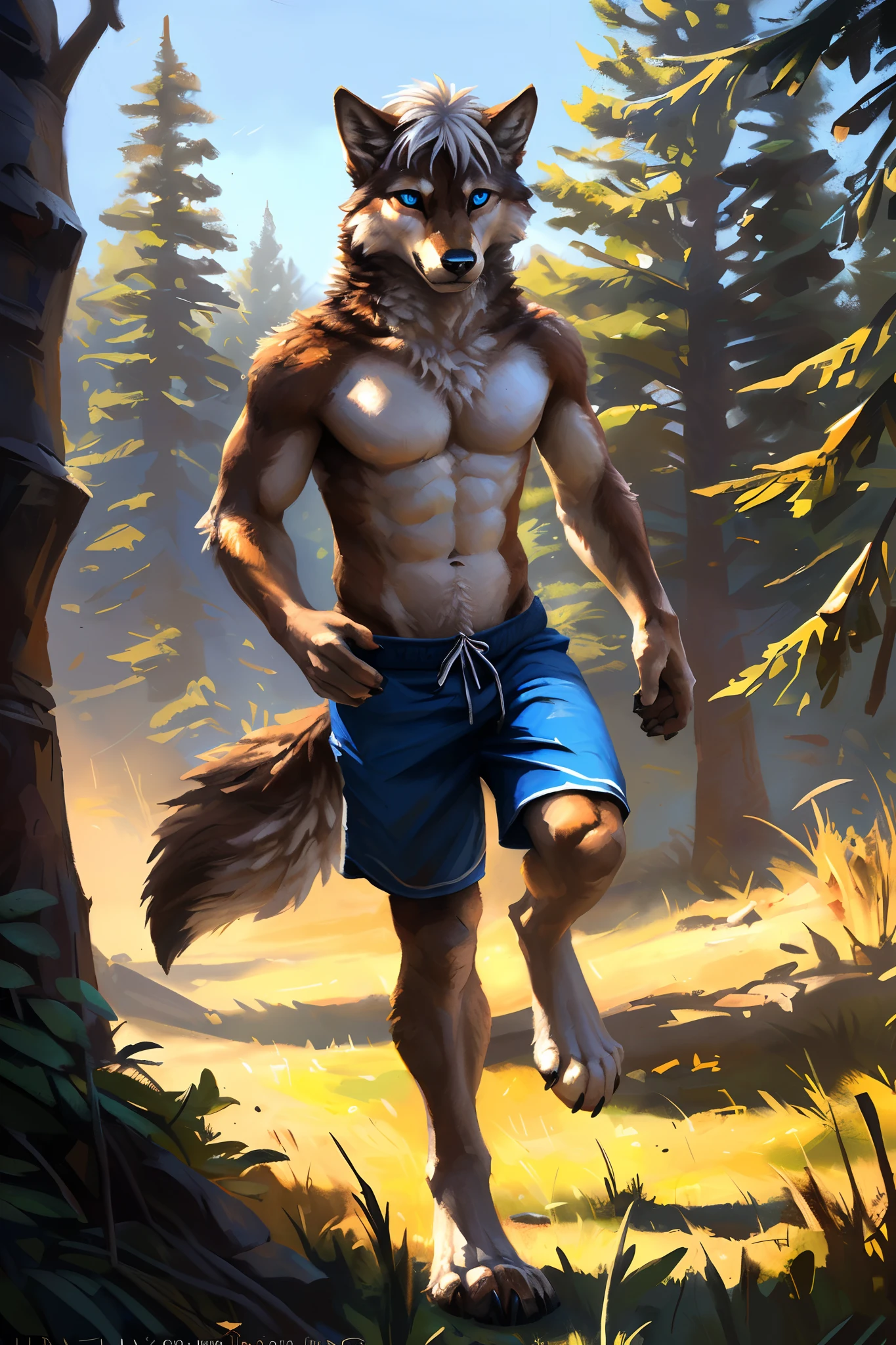 ((Solo)), male people, anthro wolf, (Multi-colored fur, White-brown:1.3), ((Wolf face, White hair, Big eyes, White eyelids, Blue pupil, Slim:1.2) (Tough, Calm expression:1.2)), Abs, Slim, pinging)), (Correct anatomy), (Work shorts:1.1), (Contour bone:1.2), The upper body is naked, (detailed outfits),A big tail,Feet,(Realistic fur, Detailed fur texture, labeled:1.3)), (Natural lighting), Photorealistic, Hyperrealistic, ultradetailed, by Kenket,Endless grasslands,No artifacts,erect through,Running on