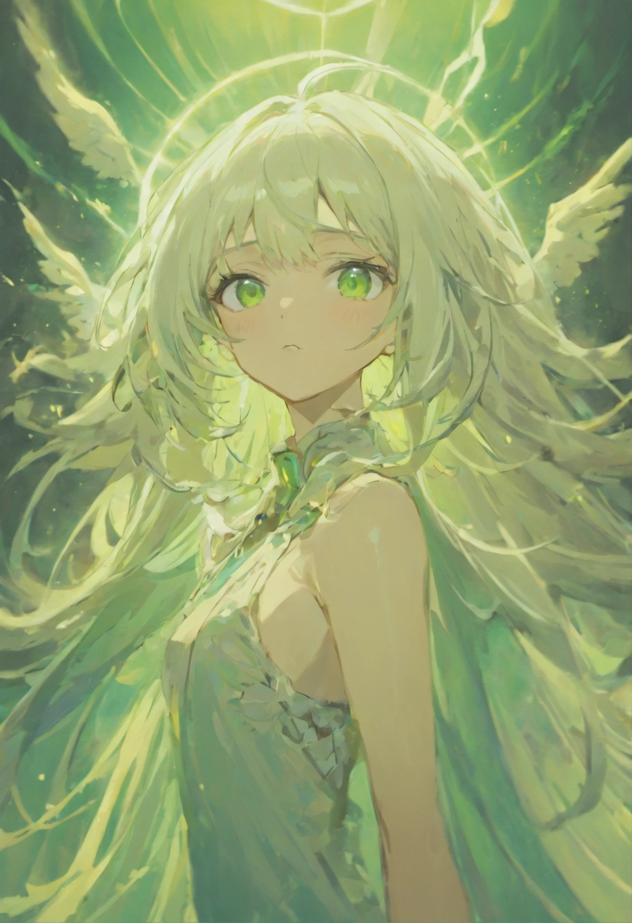 Godly, White hair, female, green eyes, curve, long hair, white bachground, holy, long ears, sharp eyes, underclothed