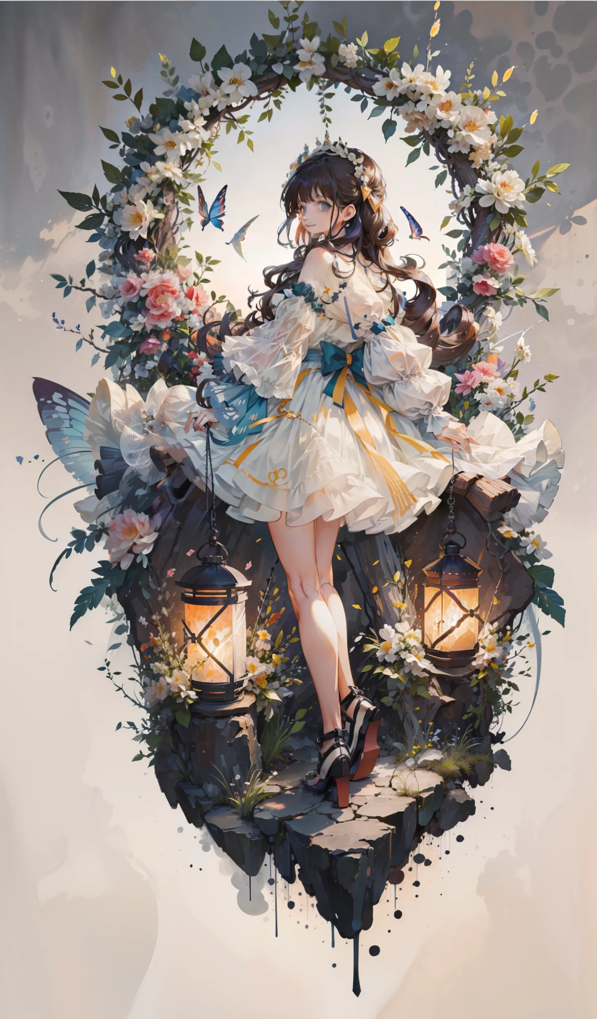 (Extremely delicate beauty: 1.2), 1girl, standing, full body, smile, bangs, blue eyes, backlight, long hair, butterfly, brown hair, shut up, look from the side, lantern, light particles, long sleeves, look at the audience, red bow, solo