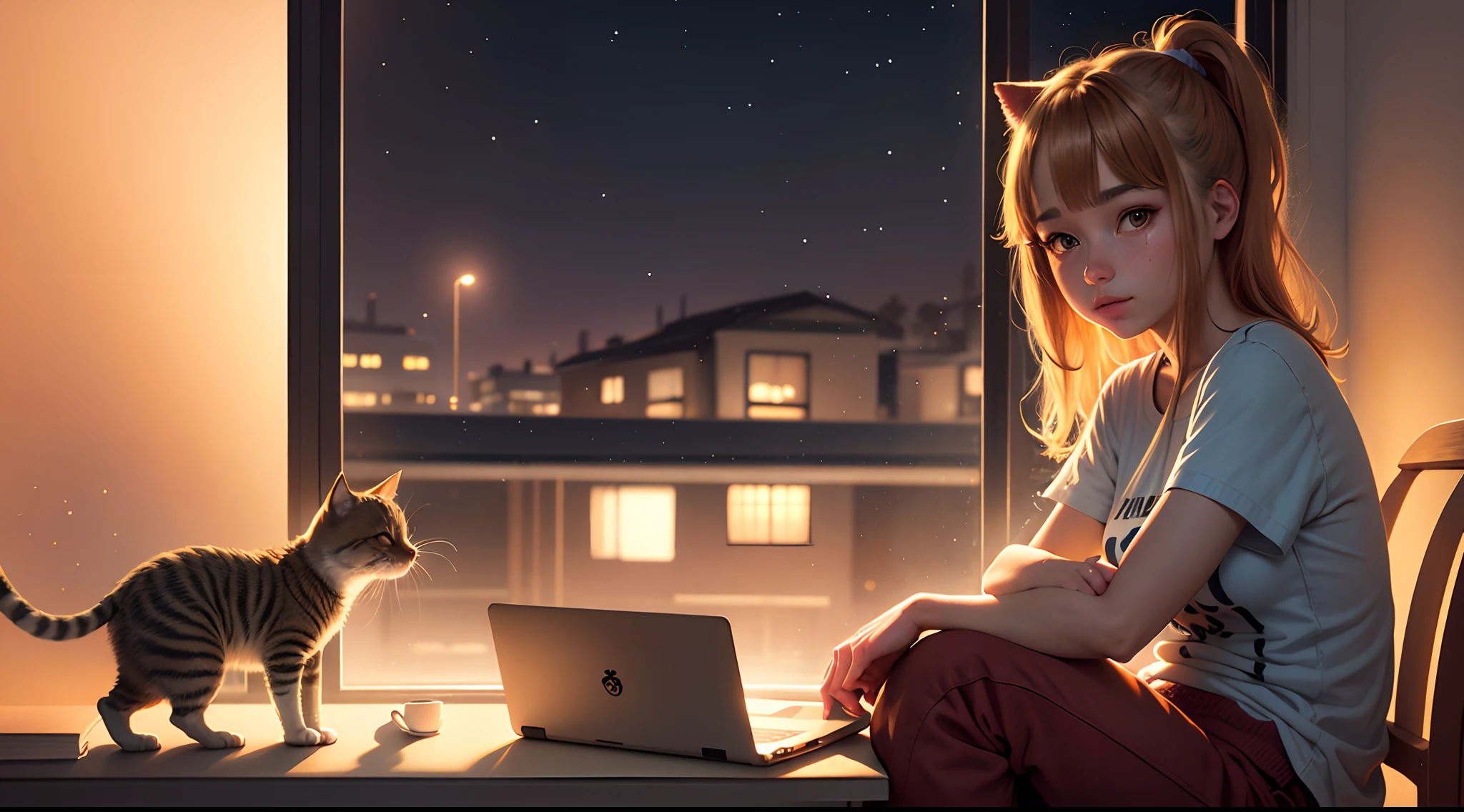 chica lofi, sentada en un escritorio, una mascota gato, al costado de ella una ventana abierta mirando la ciudad de noche, una luz encendida apuntando una cuaderno,