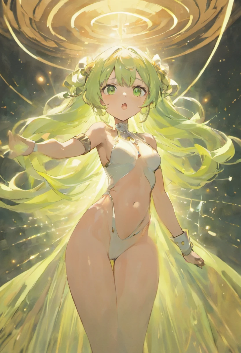 Godly, White hair, female, green eyes, curve, long hair, white bachground, holy, long ears, sharp eyes, underclothed, sluty, cum on face, ahegao, oppai
