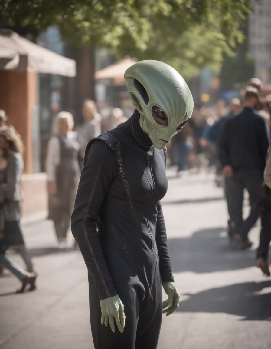 Street photography capturing an unexpected encounter with an alien visitor in a bustling urban setting. The alien, disguised as a human, walks along a busy sidewalk, its alien features subtly hinted at through unique clothing and accessories. The photograph is taken frankly, showing the reactions of passers-by when they glimpse the extraterrestrial being. The lighting style is natural, with sunlight filtering through urban canyons, creating interesting patterns and shadows. The composition captures the surreal collision of alien and human worlds, highlighting the inherent curiosity and diversity of our shared existence