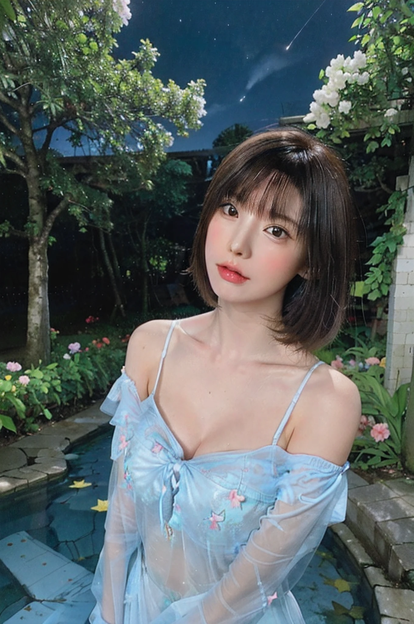 (best quality,high resolution,clear image,detailed background,girl,flower,garden,starry sky),oil painting,dim lighting,vibrant colors,realistic,soft brushstrokes,surrealistic,nature theme,enchanted atmosphere,lush greenery,brilliant blossoms,serene girl standing in a beautiful garden,butterflies fluttering around her,gentle breeze rustling the leaves,impressive starry sky sparkling above,creating a dreamlike ambiance.
