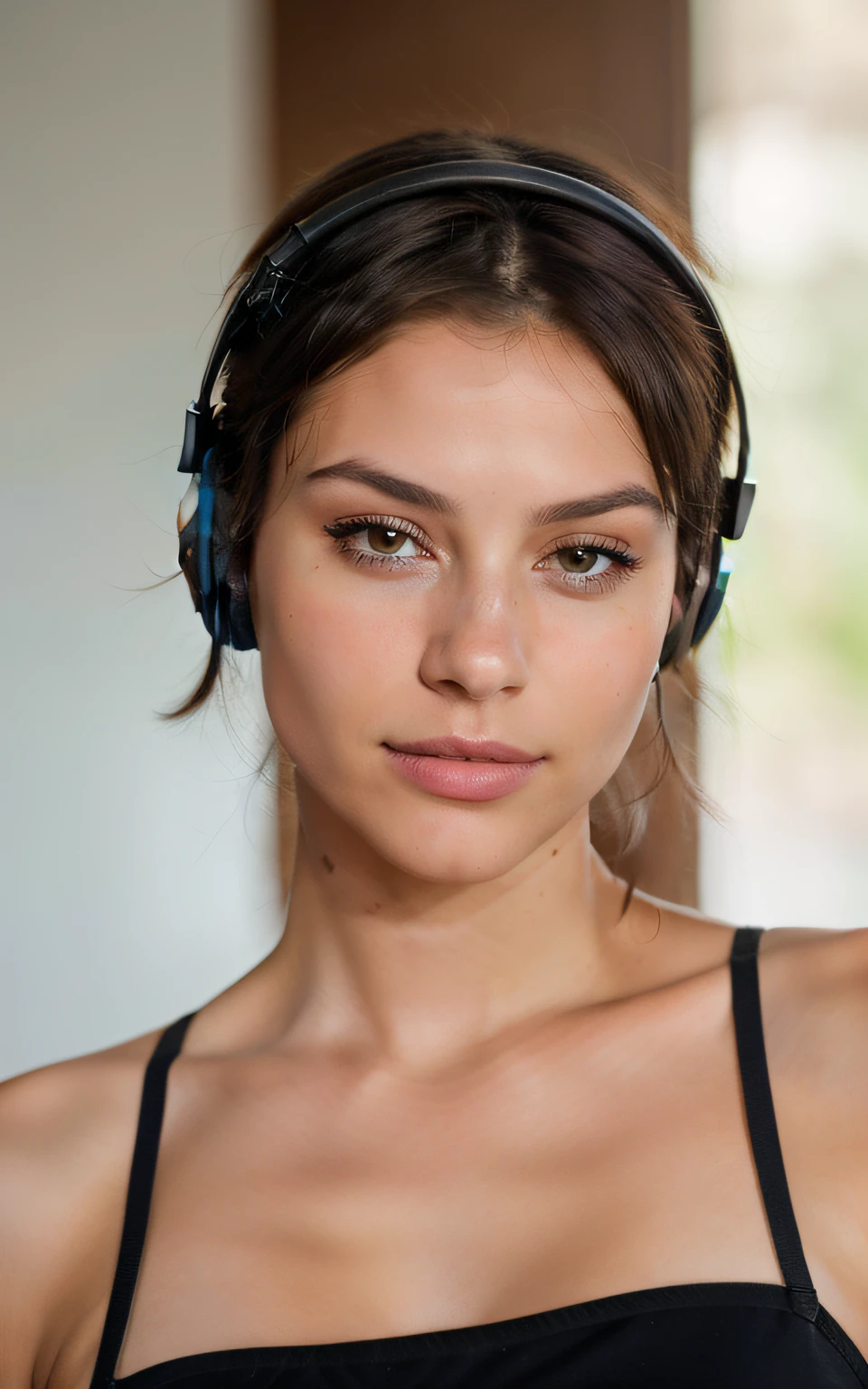 cute beautiful brunette, gamer chick wearing headphones, in bedroom, very detailed, 22 years old, flirty face, short hair, brown eyes, high-res, masterpiece, best quality, intricate details, highly detailed, sharp focus, detailed skin, realistic skin texture,detailed eyes, professional, 4k, smile, shot on Canon, 85mm,shallow depth of field, kodak vision color, eyeshadow, extremely detailed, photo_\(ultra\), photorealistic, realistic, post-processing, max detail, roughness, real life, ultra realistic, photorealism, photography, 8k uhd, photography,