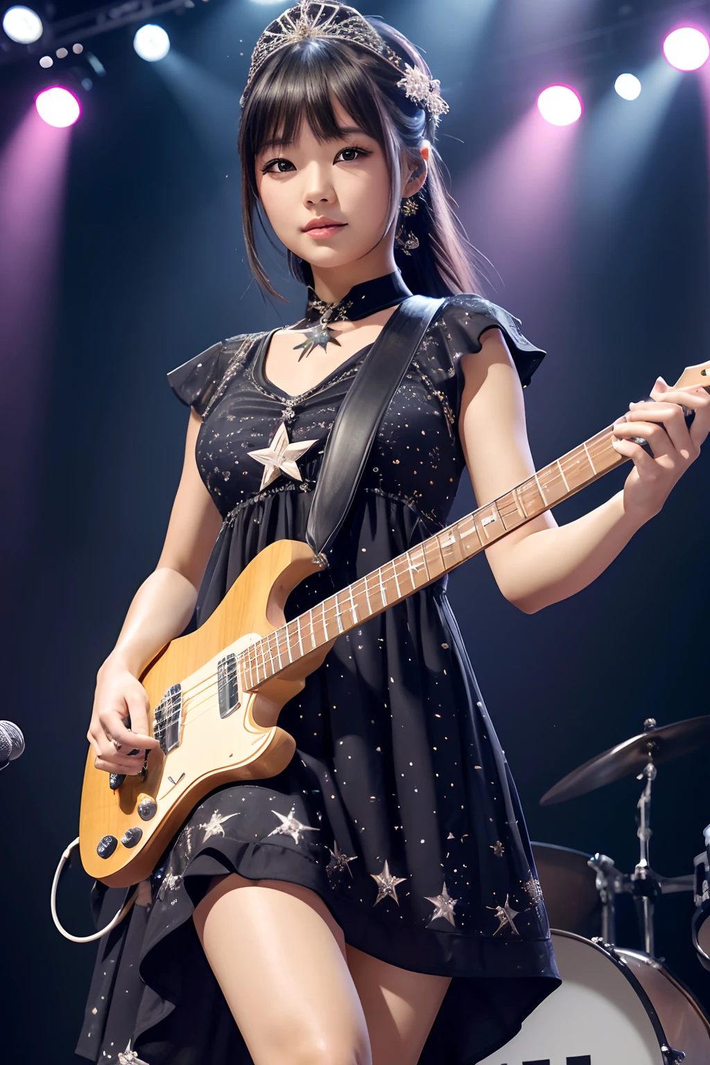 1girl, 独奏, Best Quality, Masterpiece , rubi hoshino,  hair ornament, glairing eyes, A star in the eye, (A star on the right eye:1), (Dress:1.4), (Concert1), on the stage,