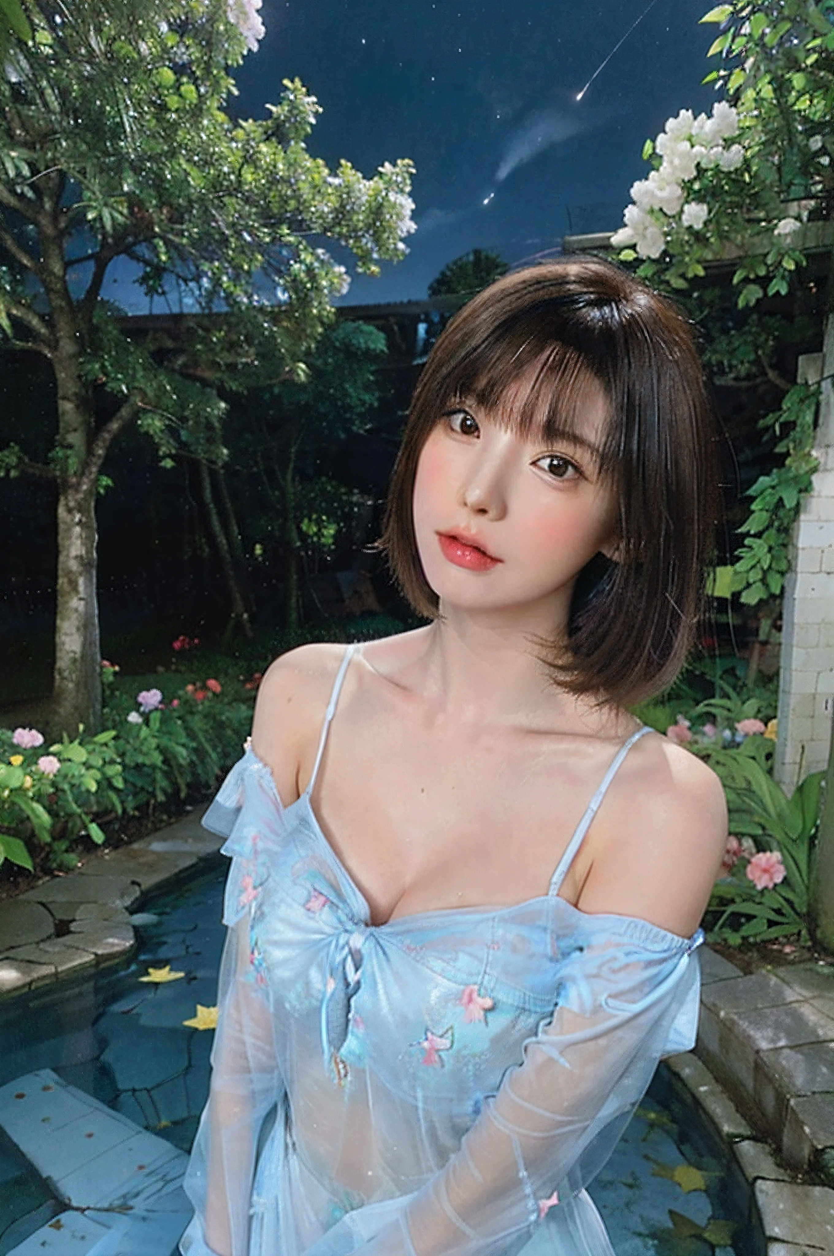 (best quality,high resolution,clear image,detailed background,girl,flower,garden,starry sky),oil painting,dim lighting,vibrant colors,realistic,soft brushstrokes,surrealistic,nature theme,enchanted atmosphere,lush greenery,brilliant blossoms,serene girl standing in a beautiful garden,butterflies fluttering around her,gentle breeze rustling the leaves,impressive starry sky sparkling above,creating a dreamlike ambiance.