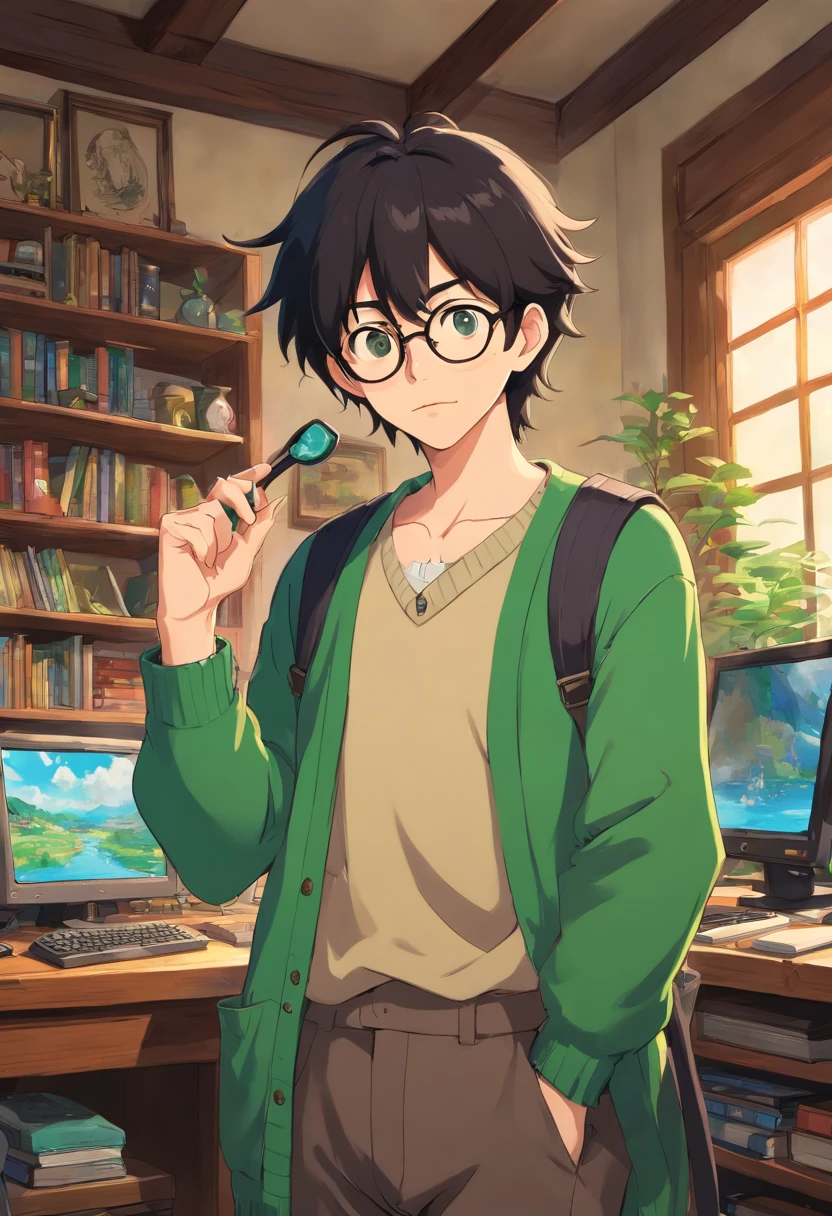 male people、Large black-rimmed glasses、Big lips、big nose、Lashes long、Black hair、Thin beard、long bangs、suspenders、Green cardigan、personal computers、a house、My car is Sienta、