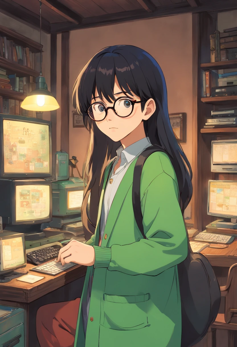 male people、Large black-rimmed glasses、Big lips、big nose、Lashes long、Black hair、Thin beard、long bangs、suspenders、Green cardigan、personal computers、a house、My car is Sienta、