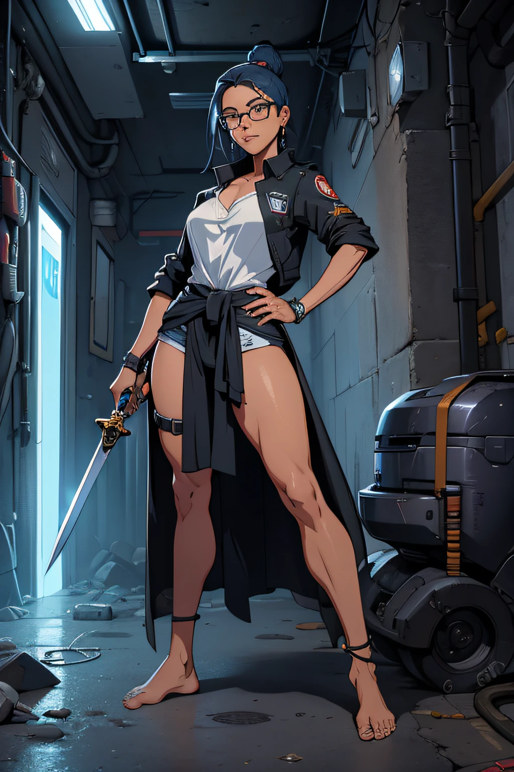 1mulher, usando mascara cirurgica, altura mediana, cabelo gradiente preto e azul, aviator glasses, robotic arm, Robotic leg, camisa larga branca, short largo preta, barefoot, gordinha, right hand on back holding a long sword, left hand on waist, olhar raivoso, pose de luta, Roupa suja, roupa rasgada, sujeira na pele, fundo da cidade cyberpunk