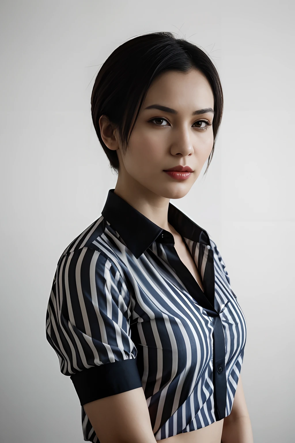 Ada Wong wearing a striped shirt, a portrait by Isabel Naftel, trending on pinterest, bauhaus, minimalist, angular, ornate