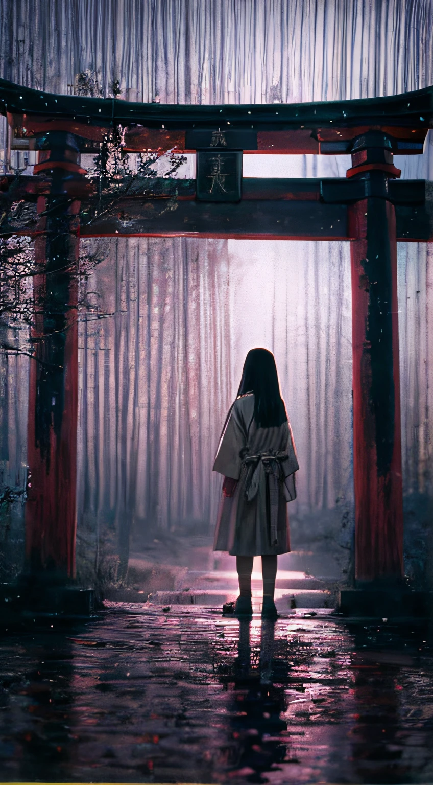 Horror movie shot of creepy girl with long straight black hair, No face, Wearing a dirty hospital gown, Stand alone in front of the torii gate at night, thirds rule, Tonal color scheme, Pale Brown, Pensive silence, Bokeh, mystery, Horror, unholy, eery, creepy, Moody lighting, In the style of Denis Villeneuve, Film Still, cinestill 800