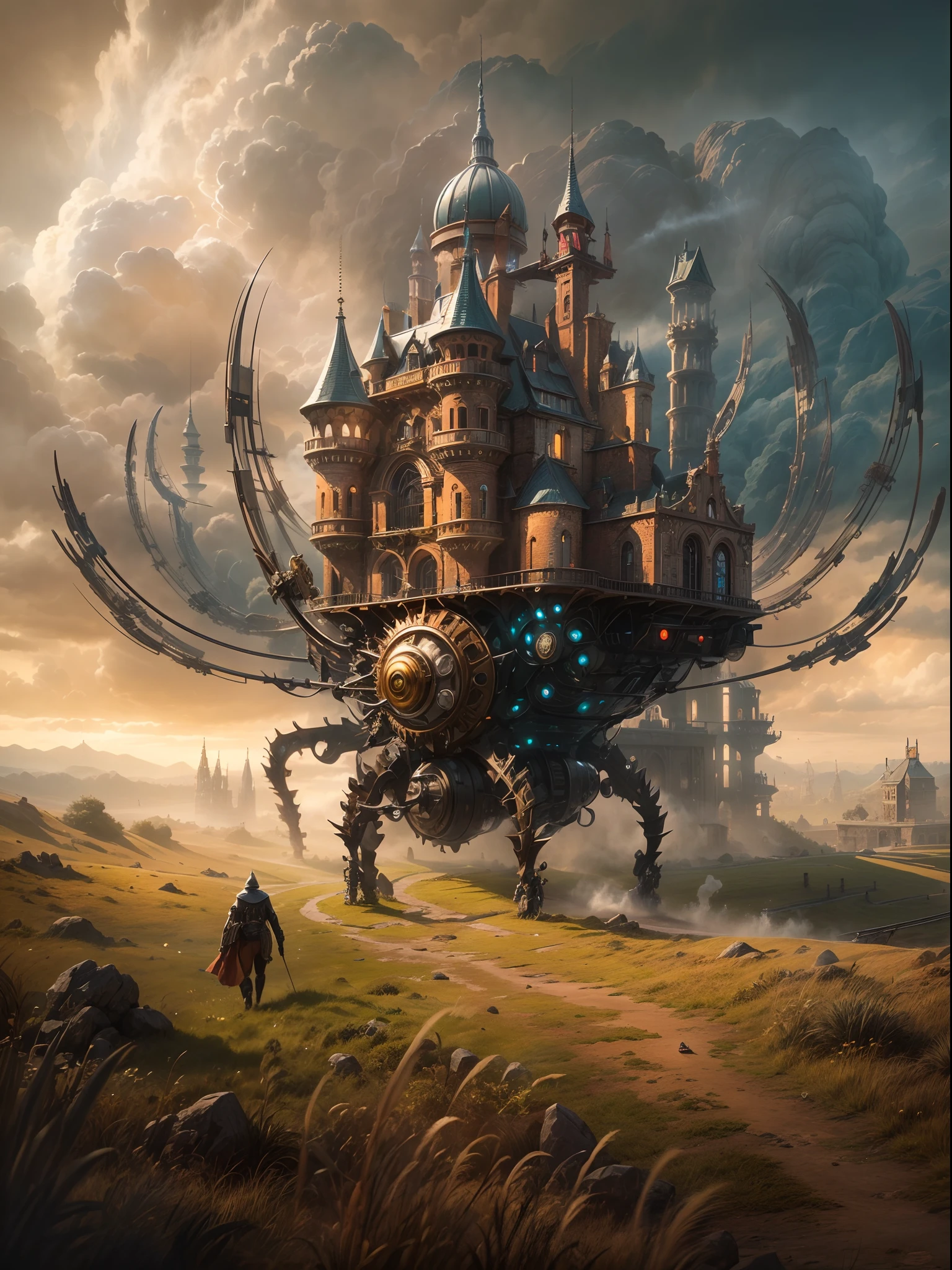 (best quality,ultra-detailed:1.2),HDR,ultra wide angle image of a moving castle, far view, a spider-like steam punk machine carrying a massive castle on the back, walking on a vast grassland, steam rise, sci-fi,concept art,castle,moving,massive,far view,spider-like,steam punk machine,grassland,long metal legs,steam rise,unique design,vivid colors,blurred background,giant,majestic presence,mysterious atmosphere,impressive craftsmanship,advanced technology,intense lighting,dynamic composition,grand scale,awe-inspiring.