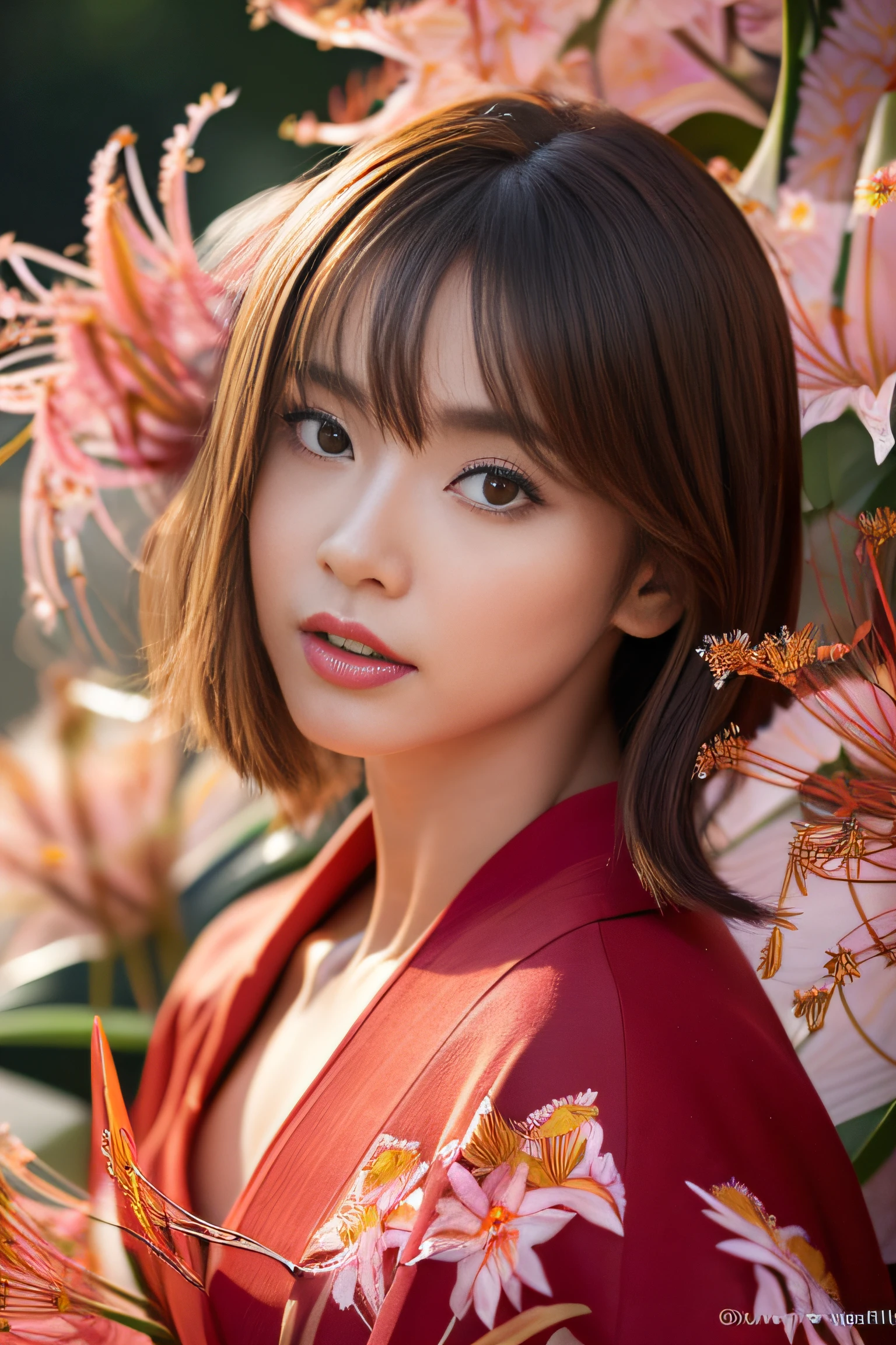 (masterpiece:1.2), ultra detailed, ultra high res, (realistic, photo realistic:1.37), high detail RAW color photo, professional photograph, an extremely delicate and beautiful, extremely detailed, finely detail, huge file size, extremely detailed beautiful girl, extremely detailed face, extremely detailed eyes, extremely detailed skin, extremely detailed nose, extremely detailed mouth, perfect anatomy, highly detailed background, (a famous actress of Japan:1.2), (gyaru:1.1), (flat chest), Dynamic lighting, full body, (floral kimono:1.3), moonlight, (dynamic pose:1.5), (oiran:1.2), (Many red spider lilies are in bloom:1.5),