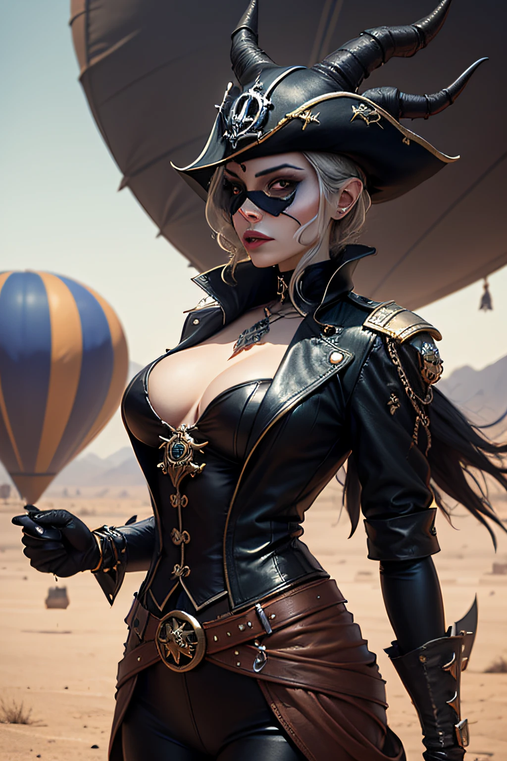 dark art darkweb pirate malefique, Utilisation d'un masque anonyme, Utilisation d'un chapeau capitaine, in the desert, Maleficent black hot air balloon Steampunk pirate badge, darkness,obscur,4K