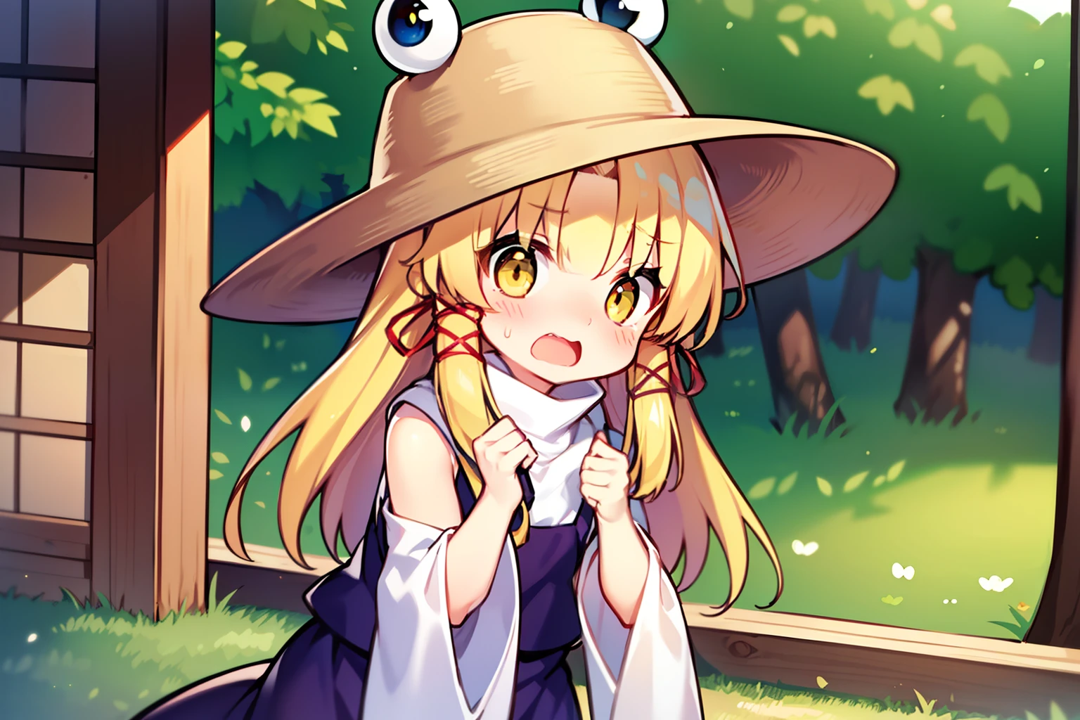 1girl, masterpiece, best quality, perfect hands, smile, blush, moriya suwako, frog print, hat, blonde hair, white shirt, purple skirt, white thighhighs, medium hair, yellow eyes, long sleeves, ribbon, hair ribbon, red ribbon, purple vest