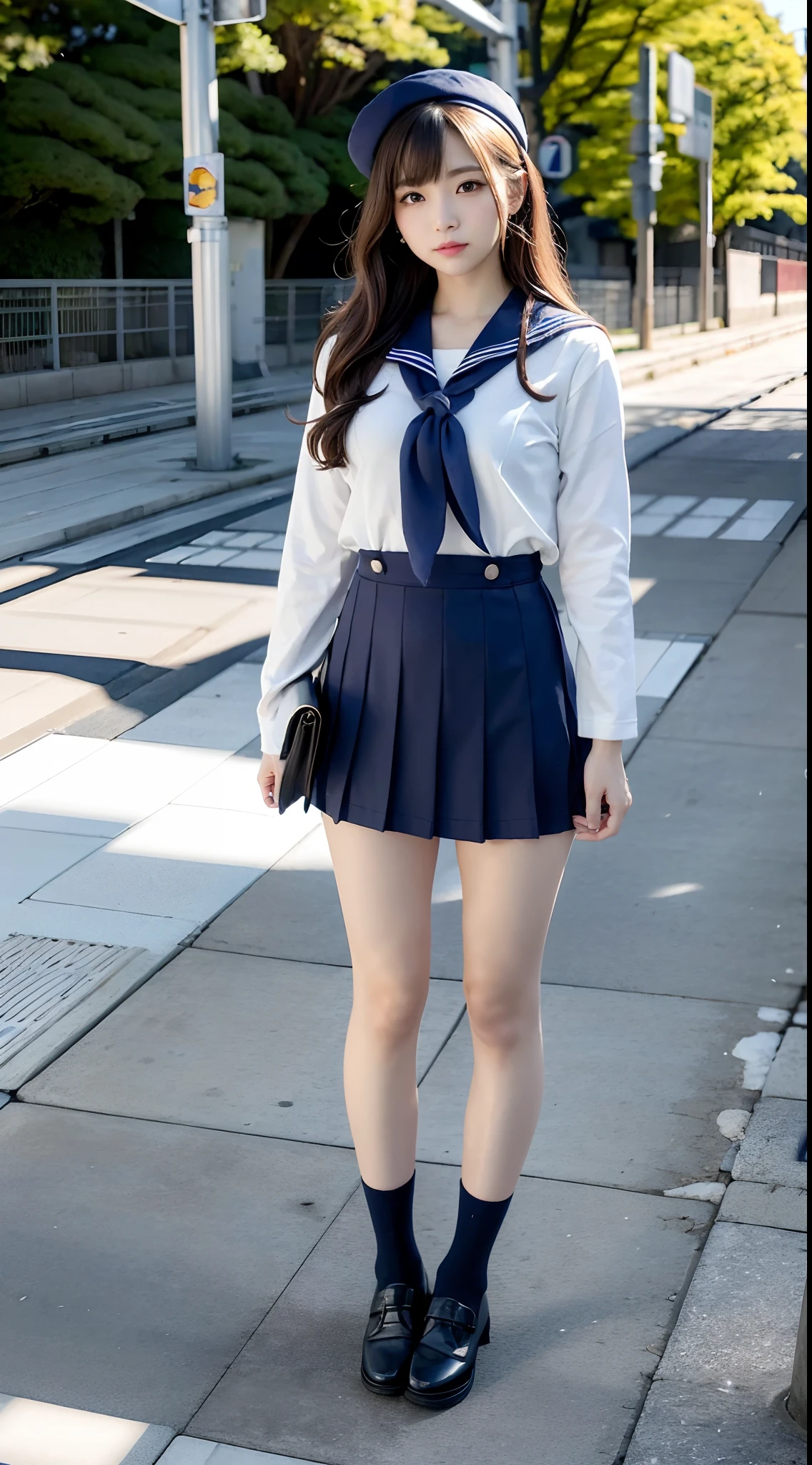 mix4, (16 K, Raw photography, Top image quality, masterpiece: 1.45), (realisitic, Photorealsitic: 1.37), one girls, 7.5, etc、Random hairstyle、Standing figure,Daytime、a very cute,Station platform,, profetional lighting, photon maping、physically-based renderingt, Gradient dark brown hair,Crisp backgrounds and high resolution, a handsome, Well-groomed and beautiful eyes、Large double eyelids、Very shiny、girl with, (((student clothes、Winter clothes、Sailor suit worn by Japan schoolgirl、Navy blue sailor color、scarf、a miniskirt, Small beret、high socks、lowfers))), Top Quality Photos, hight resolution, 1080p, (clearface), (Detailed face description), (Detailed hand description), (masterpiece), (Exquisite CG)、extreme light and shadows、dishevled hair、master work、abundant detail、(Fine facial features)、(top quality photo)、(masuter piece)、(A detailed eye)、Look in front of you、Fine clavicle、((Slender big))、(((Japan schoolgirl in sailor suit)))、((Idle system))、((Station platform、wicket、train track、railroad crossing))、(((neat and cute)))、耳Nipple Ring、A big smile、Drawing the whole body from the knees、Do not draw nasolabial folds、(((Long sleeve sailor suit)))、(Big breasts that hang down big:1.2)、Big buttocks with tension、Two arms and two legs、(((from the front side:0.3)))、bare hand、No mask、No skin exposure