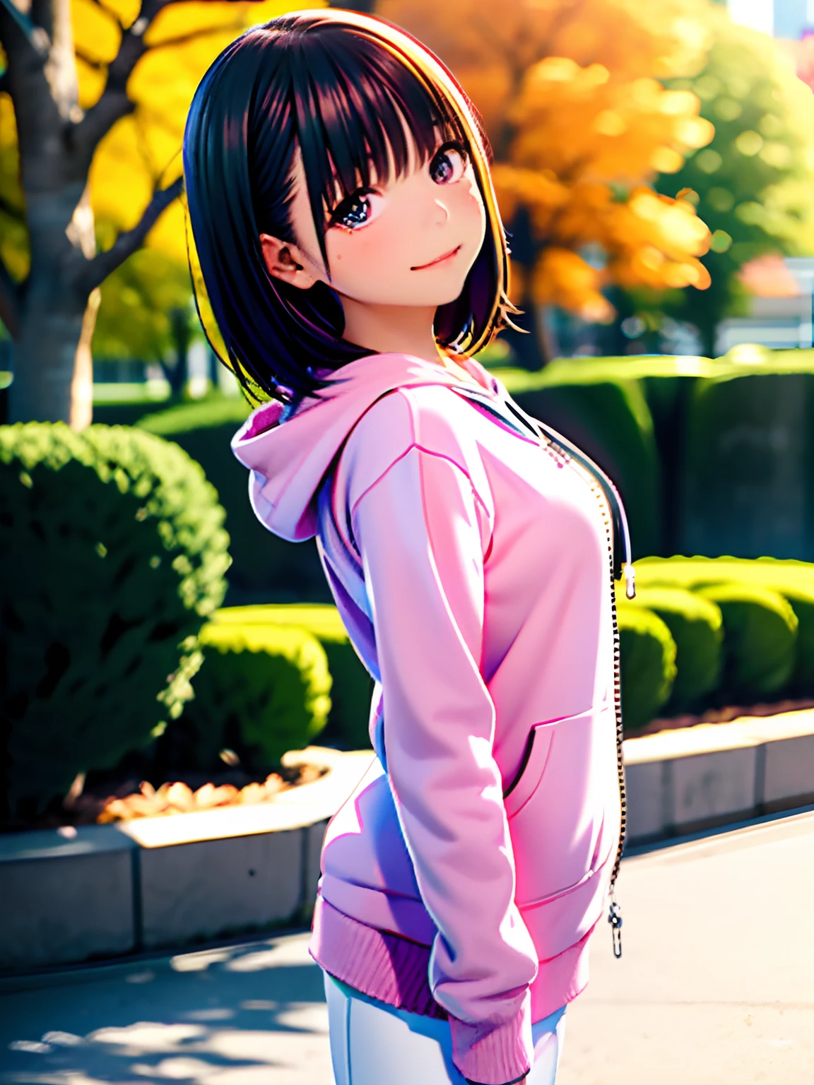 hight resolution,8K,Best Quality,detaileds,semi - realistic anime,Anime 3D Style,Smooth Anime CG,1 girl in,20 year old woman in Japan,slim,modeled,shiny chestnut hair,((Half-mouth opening:1.4)), Medium Hair,Detailed face,Beautiful and detailed eyes,Glowing skin,((pink hoodie)),((Open jacket)),((Blue skirt)),((White tights)),,a necklace,Autumn twilight,Park of autumn leaves,Maple leaves flutter,Blurry background,portlate,randome pose,Angle from the side