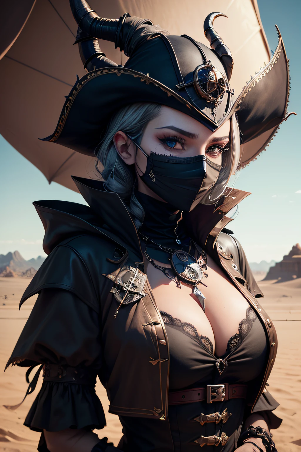 dark art darkweb pirate malefique, Utilisation d'un masque anonyme, Utilisation d'un chapeau capitaine, in the desert, Steampunk Maleficent Black Hot Air Balloon, darkness,obscur,4K