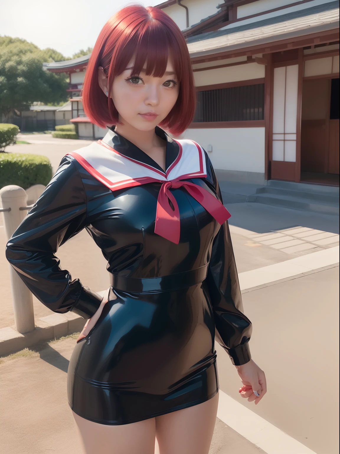 masutepiece,A hyper-realistic,32K,the Extremely Detailed CG Unity 8K Wallpapers, Best Quality,1 Beautiful Japan Woman,(Japanese high school girl, Japan school uniform,Japanese student uniform,Black sailor suit in Japan,Latex Uniforms,long-sleeve,Red Large Latex Sailor Color:1.3,((Large Red Latex Sailor Ribbon: 1.2)),Cowboy Shot, Street, garden, (Film grain:1.2), (Film Overlay:1.3),Smile,Bob Cut Hair,