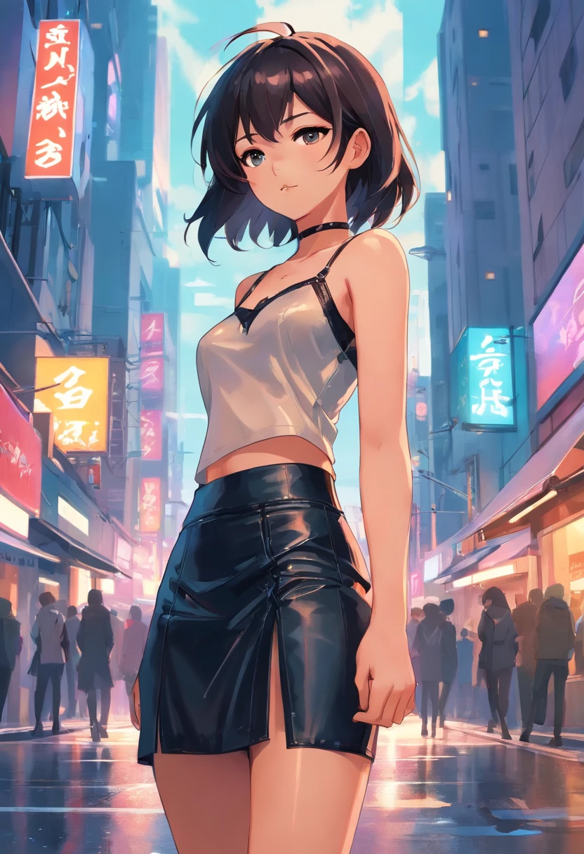 Anime girl standing on city street in leather skirt and black erotic lingerie, long-haired Ilya Kuvshinov, Guviz style artwork, anime art wallpaper 8 K, Guvitz on art station Pisif, Guwiz on Pisiv art station, cyberpunk anime art