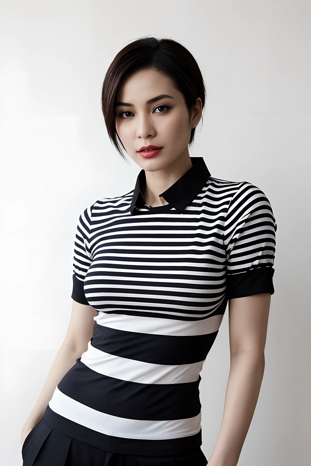 Ada Wong wearing a striped shirt, a portrait by Isabel Naftel, trending on pinterest, bauhaus, minimalist, angular, ornate